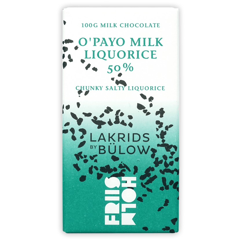 Friis Holm O’Payo Milk Liquorice 50% teal wrapper with black chunk graphics