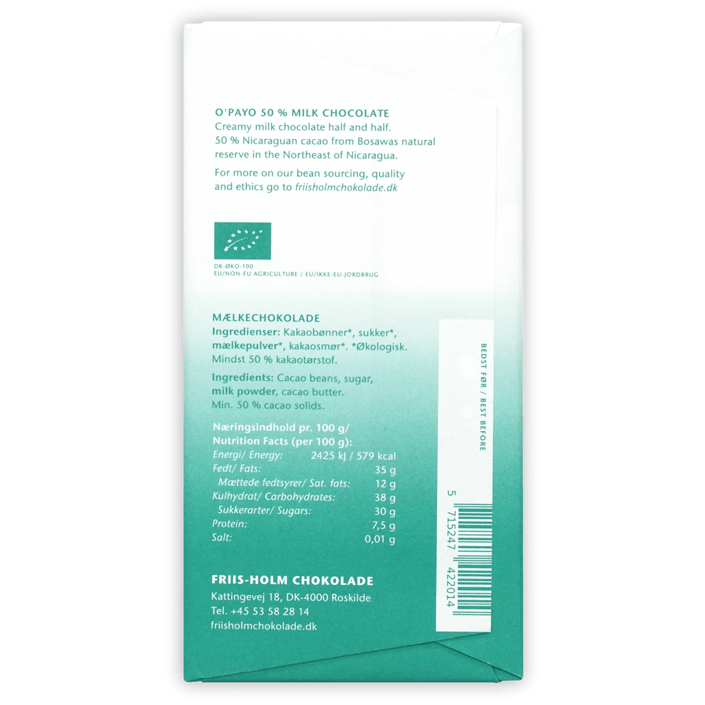 Back of Friis Holm O’Payo 50% milk chocolate bar wrapper, teal and white
