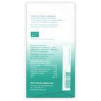 Back of Friis Holm O’Payo 50% milk chocolate bar wrapper, teal and white