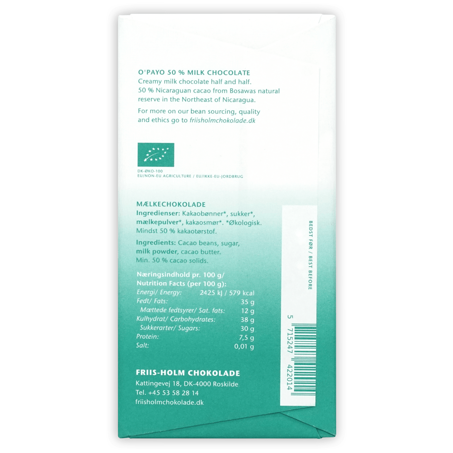 Back of Friis Holm O’Payo 50% milk chocolate bar wrapper, teal and white