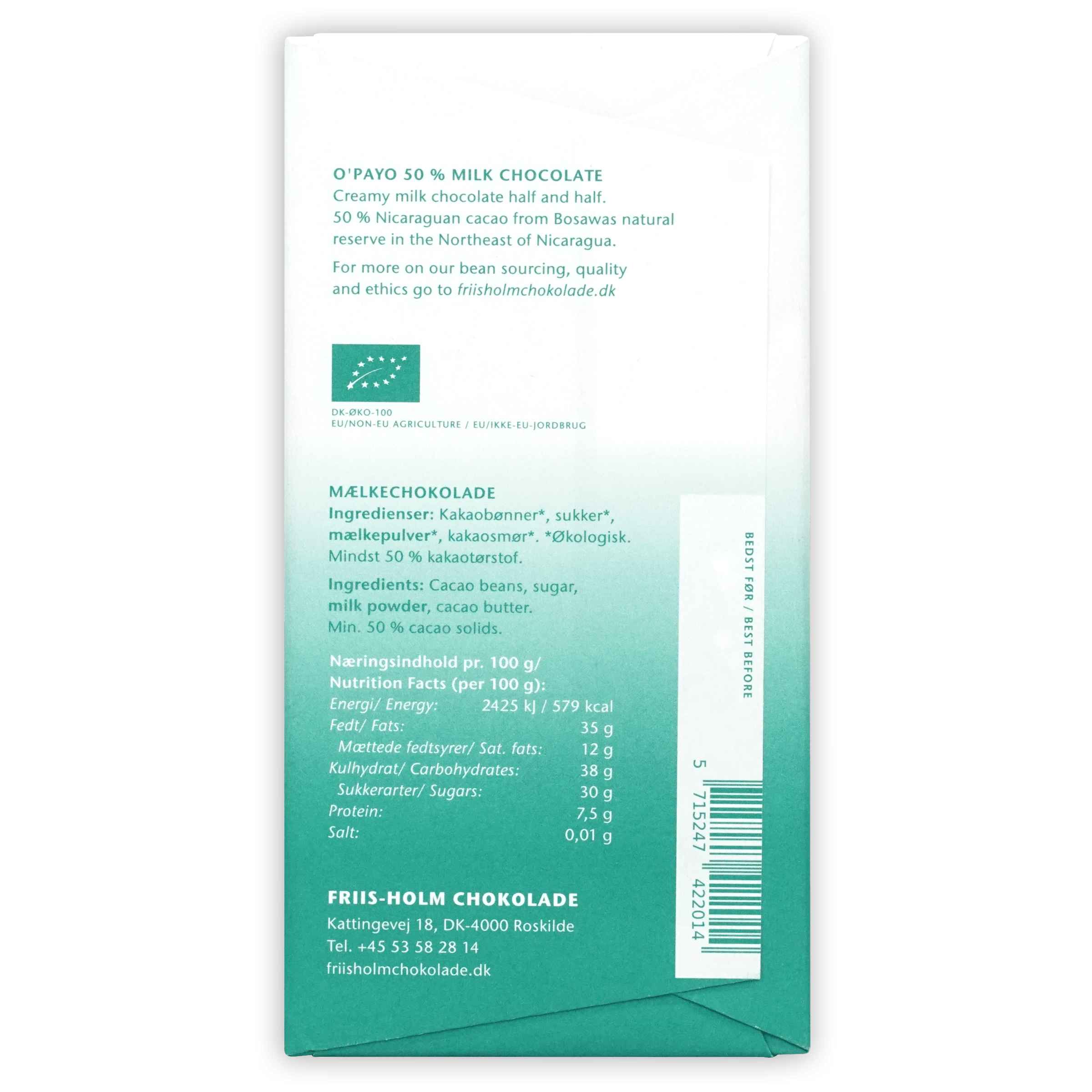 Back of Friis Holm O’Payo 50% milk chocolate bar wrapper, teal and white