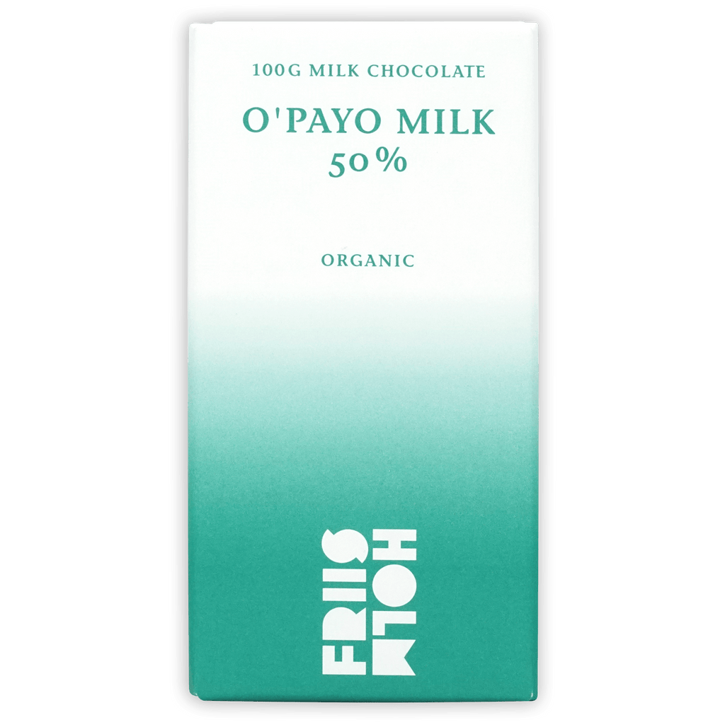 Friis Holm O’Payo Milk 50% 100g organic chocolate bar in teal wrapper