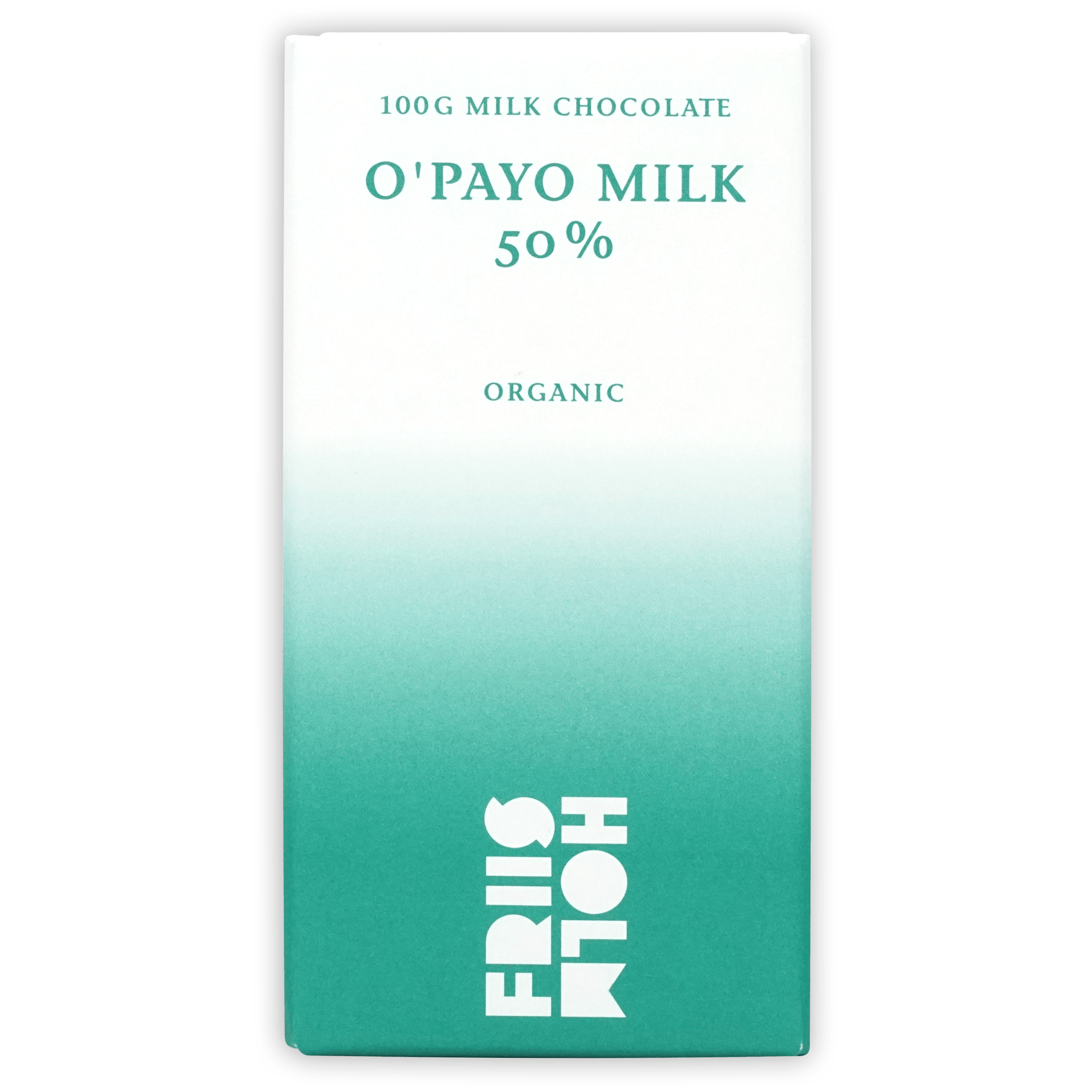 Friis Holm O’Payo Milk 50% 100g organic chocolate bar in teal wrapper