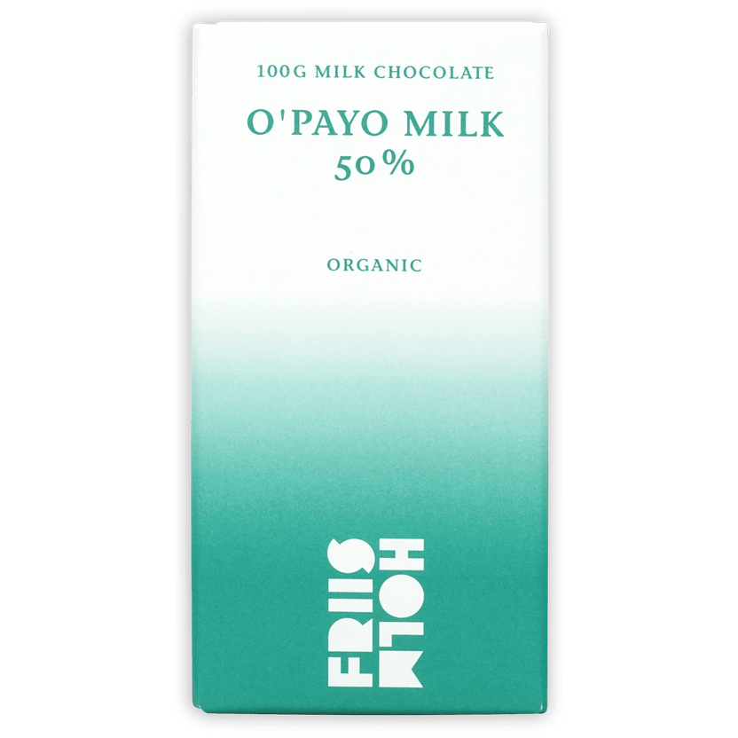 Friis Holm O’Payo Milk 50% 100g organic chocolate bar in teal wrapper