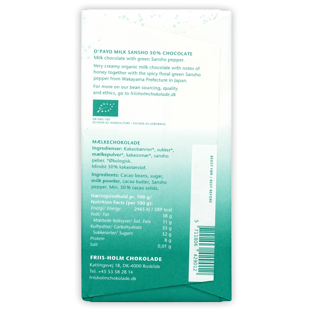 Friis Holm O’Payo Milk Sansho 50% chocolate green white wrapper