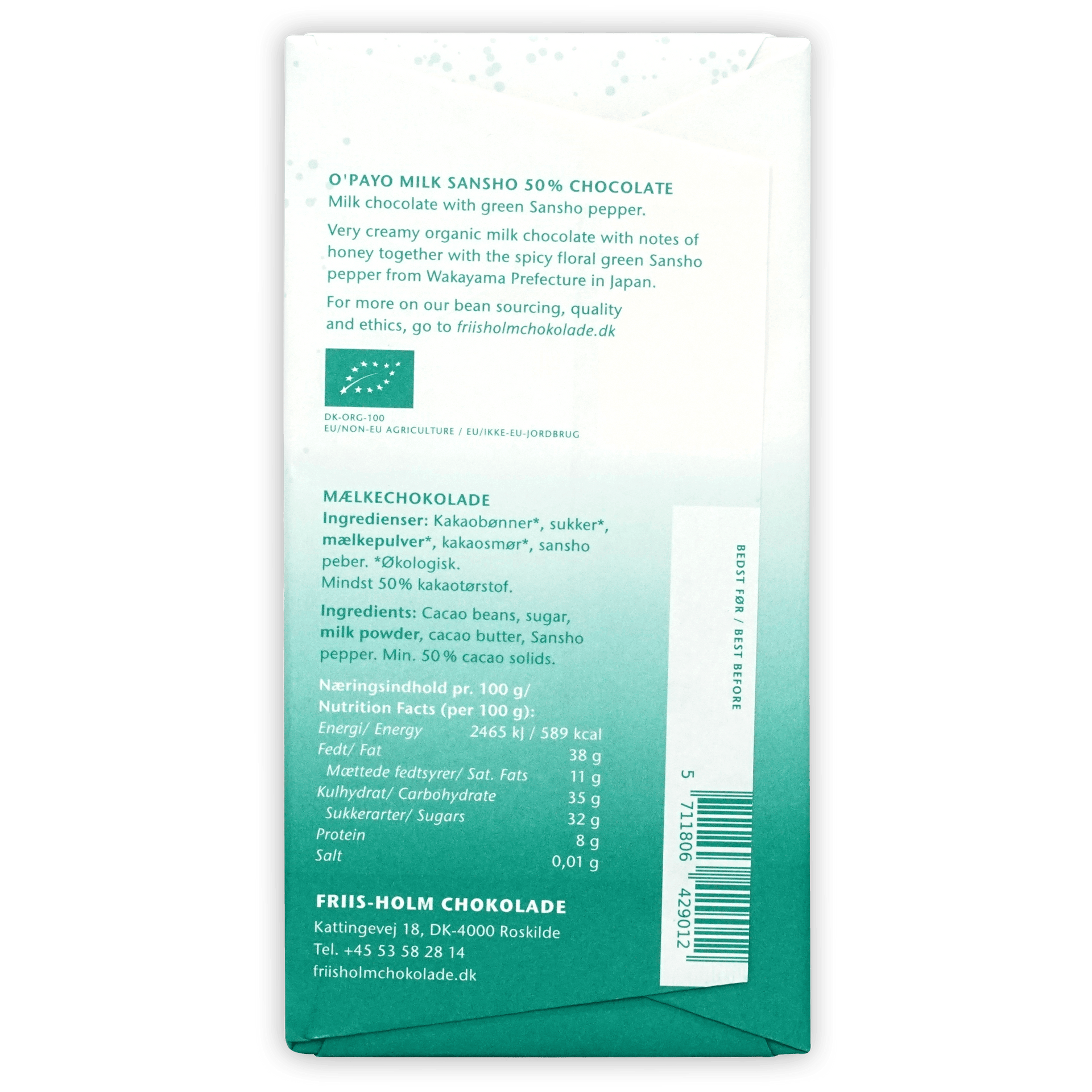 Friis Holm O’Payo Milk Sansho 50% chocolate green white wrapper