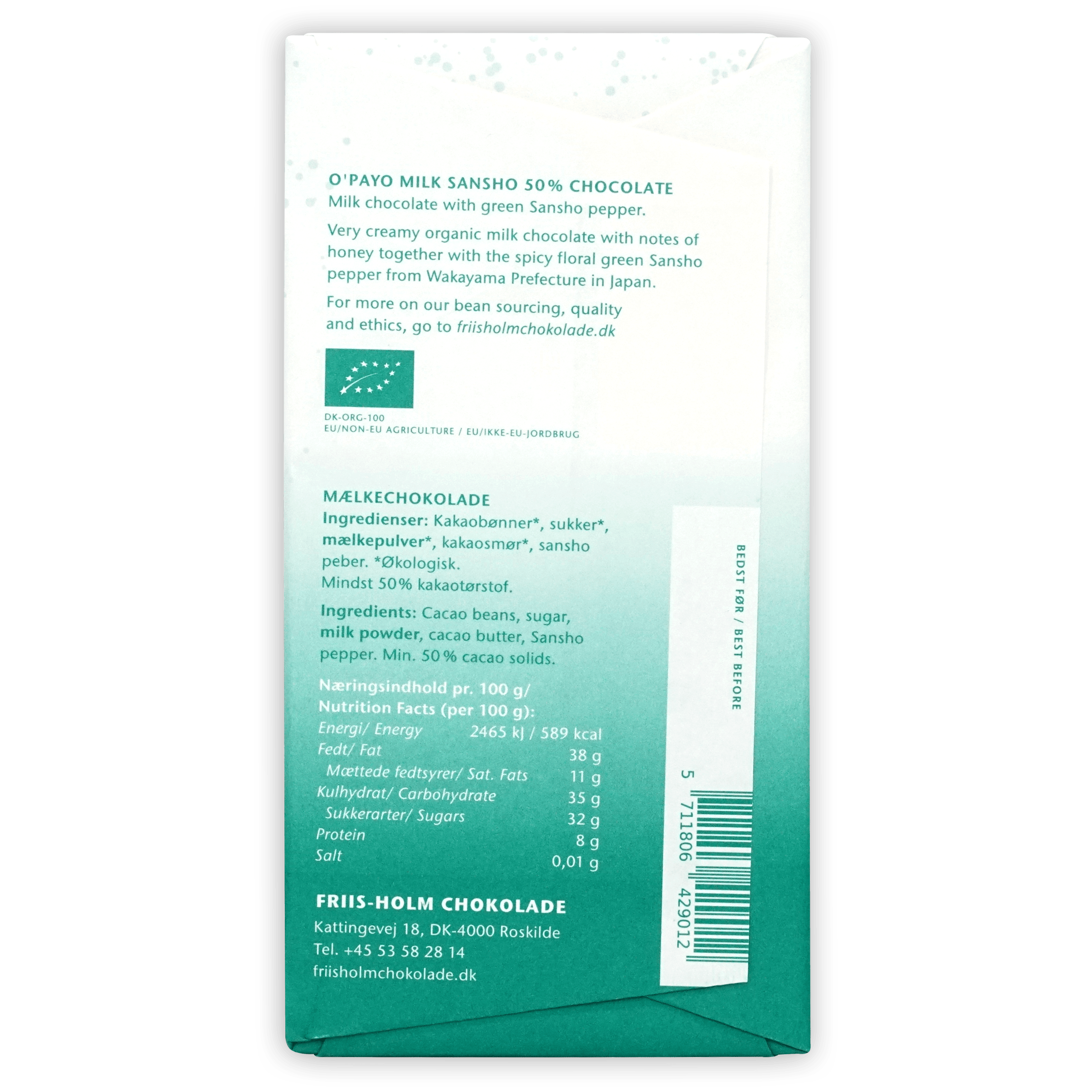 Friis Holm O’Payo Milk Sansho 50% chocolate green white wrapper