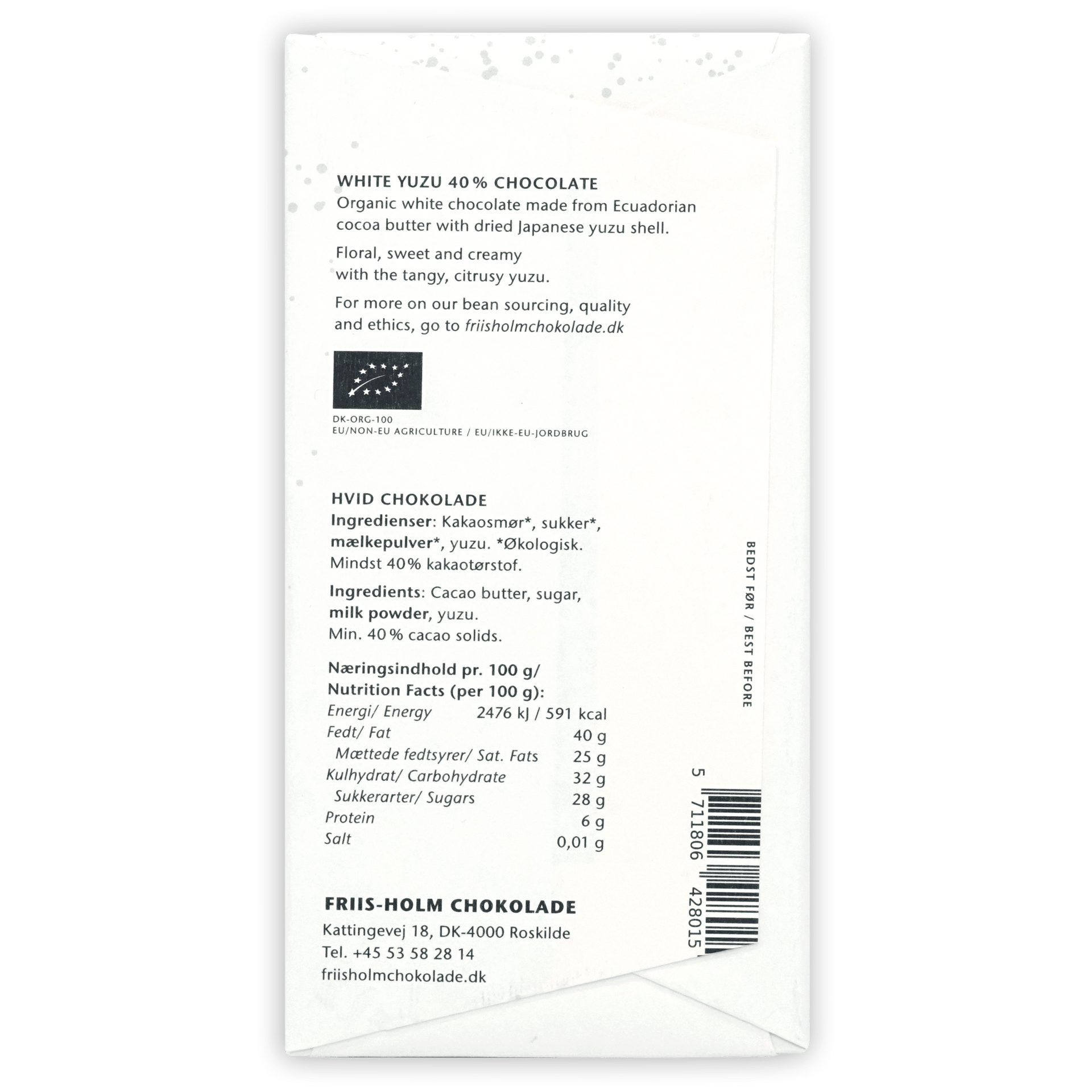 Friis Holm White Yuzu 40% organic Ecuadorian white chocolate bar in white packaging