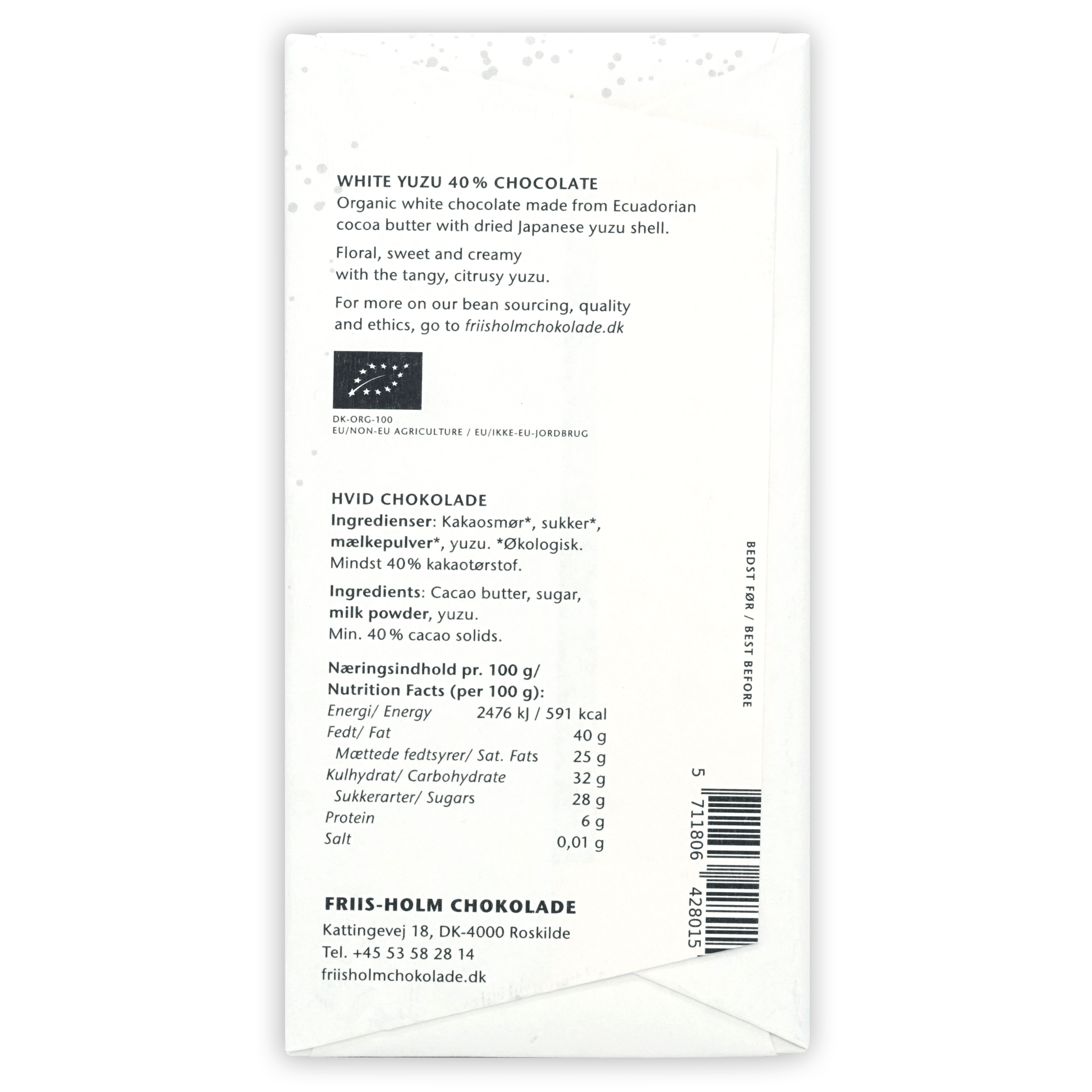 Friis Holm White Yuzu 40% organic Ecuadorian white chocolate bar in white packaging