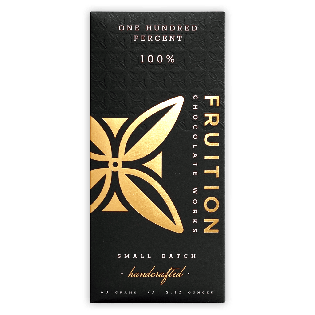 Fruition 100% bar black wrapper with gold foil and leaf design