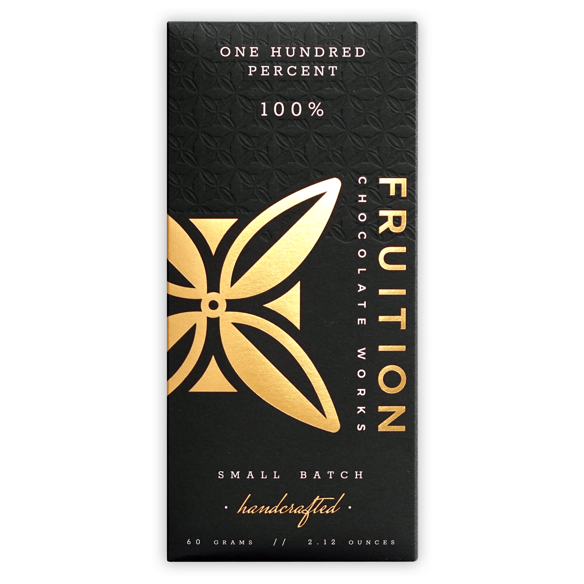 Fruition 100% bar black wrapper with gold foil and leaf design