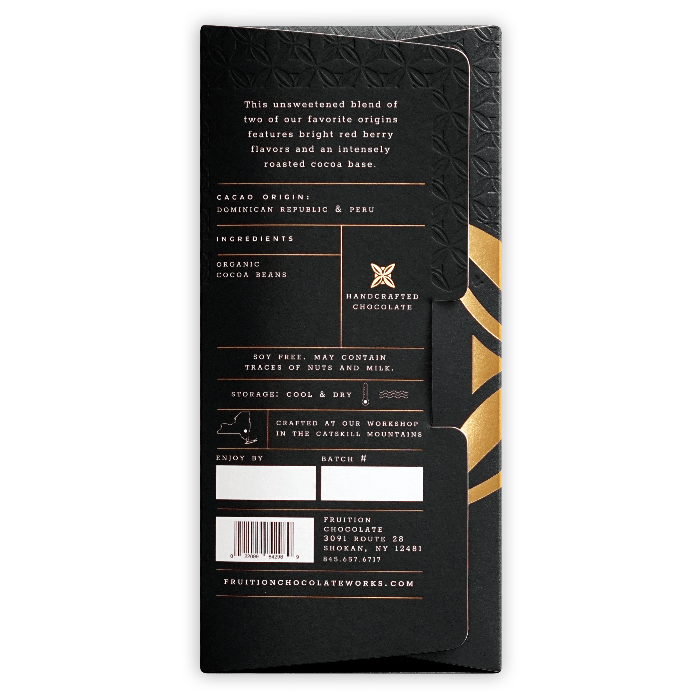 Fruition 100% Bar in black gold foil with embossed leaf patterns