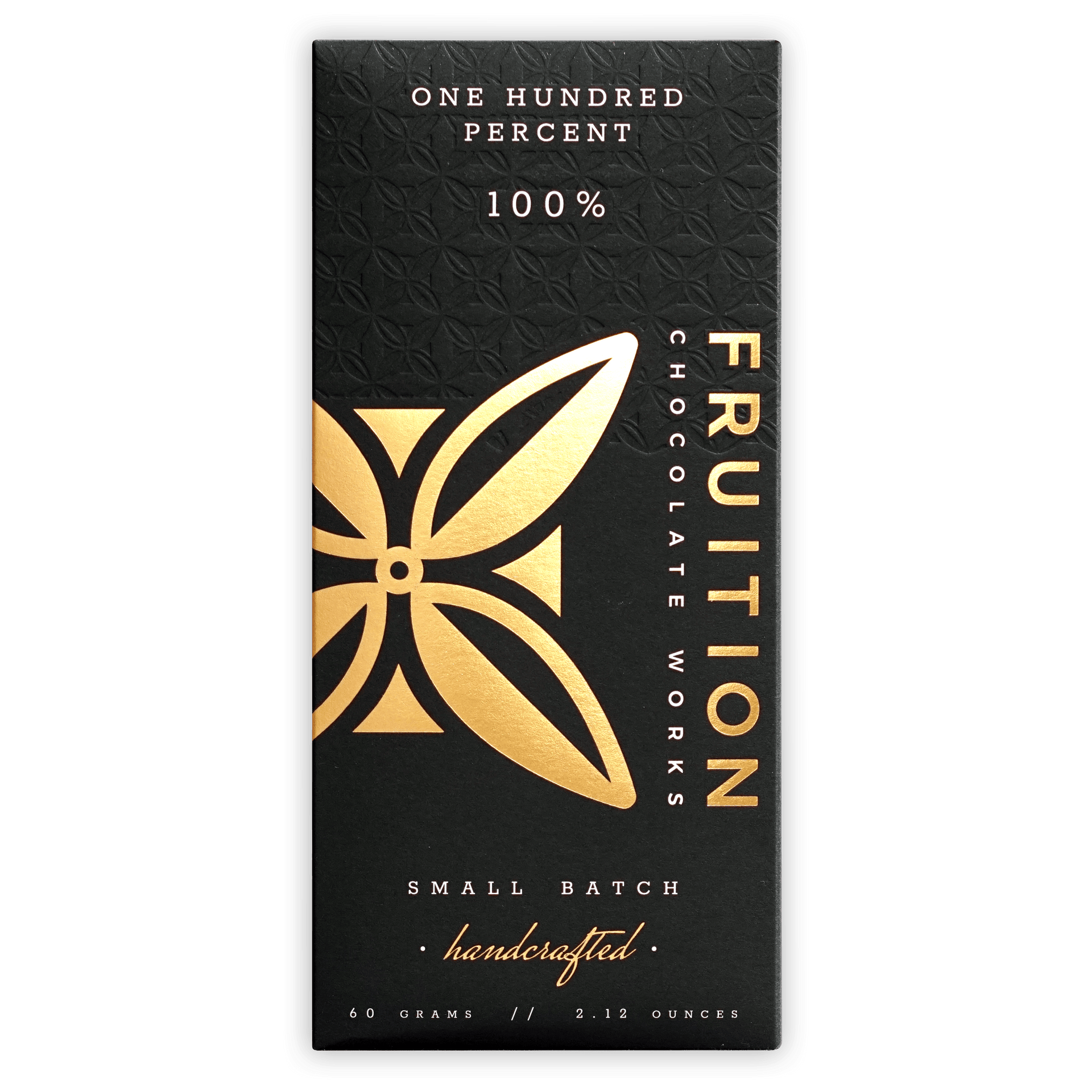 Fruition 100% bar black wrapper with gold foil and leaf design