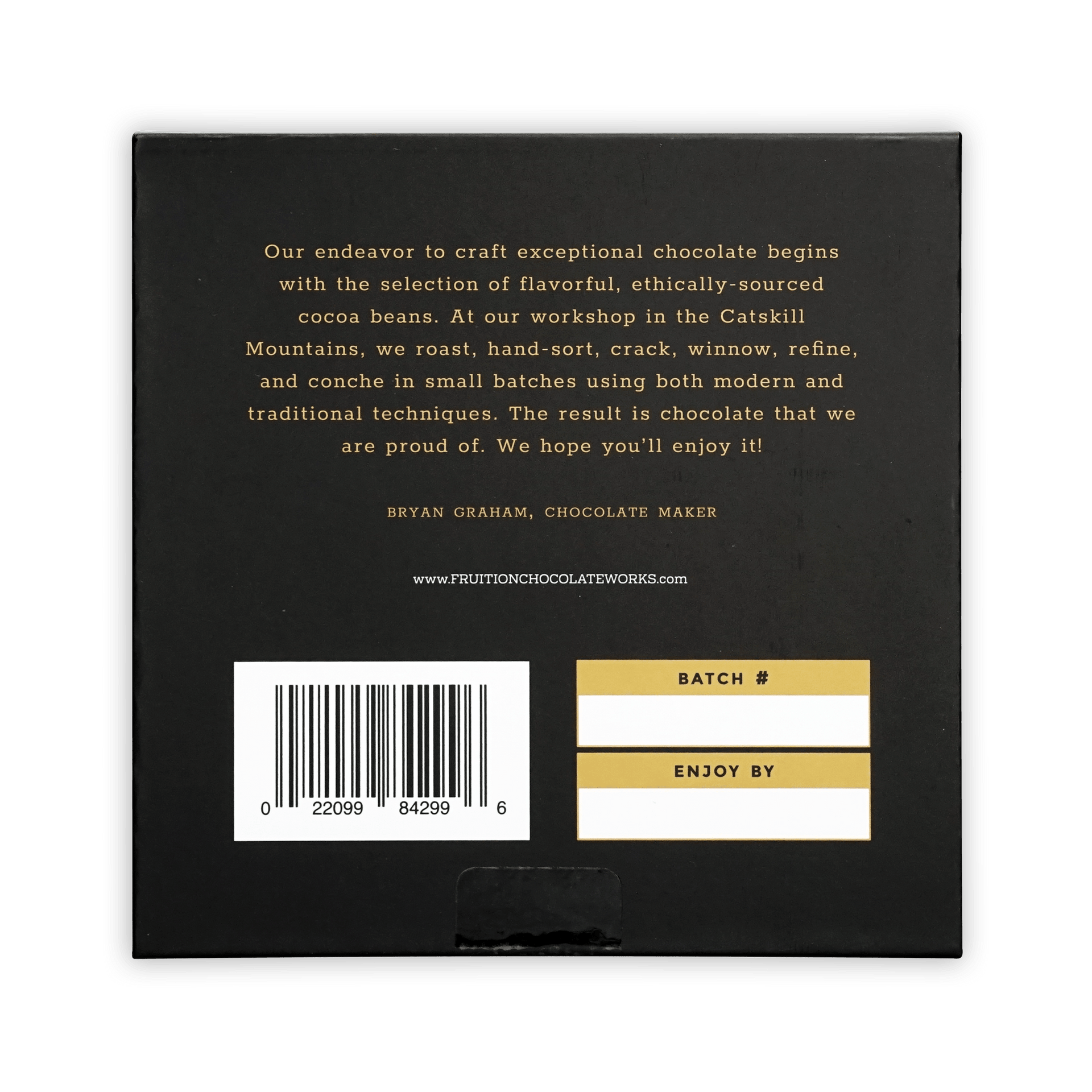 Back of Fruition Brown Butter Bourbon Caramels 68% box with gold text, barcode