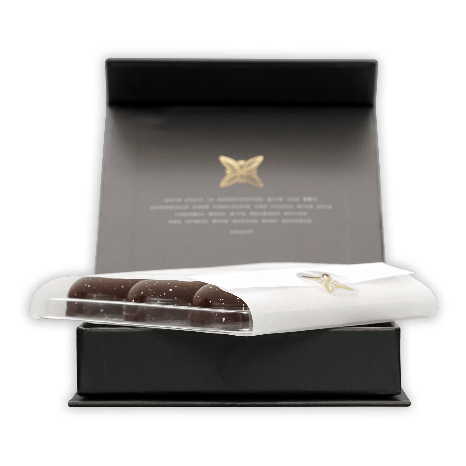 Fruition Brown Butter Bourbon Caramels 68% in elegant black box with gold butterfly