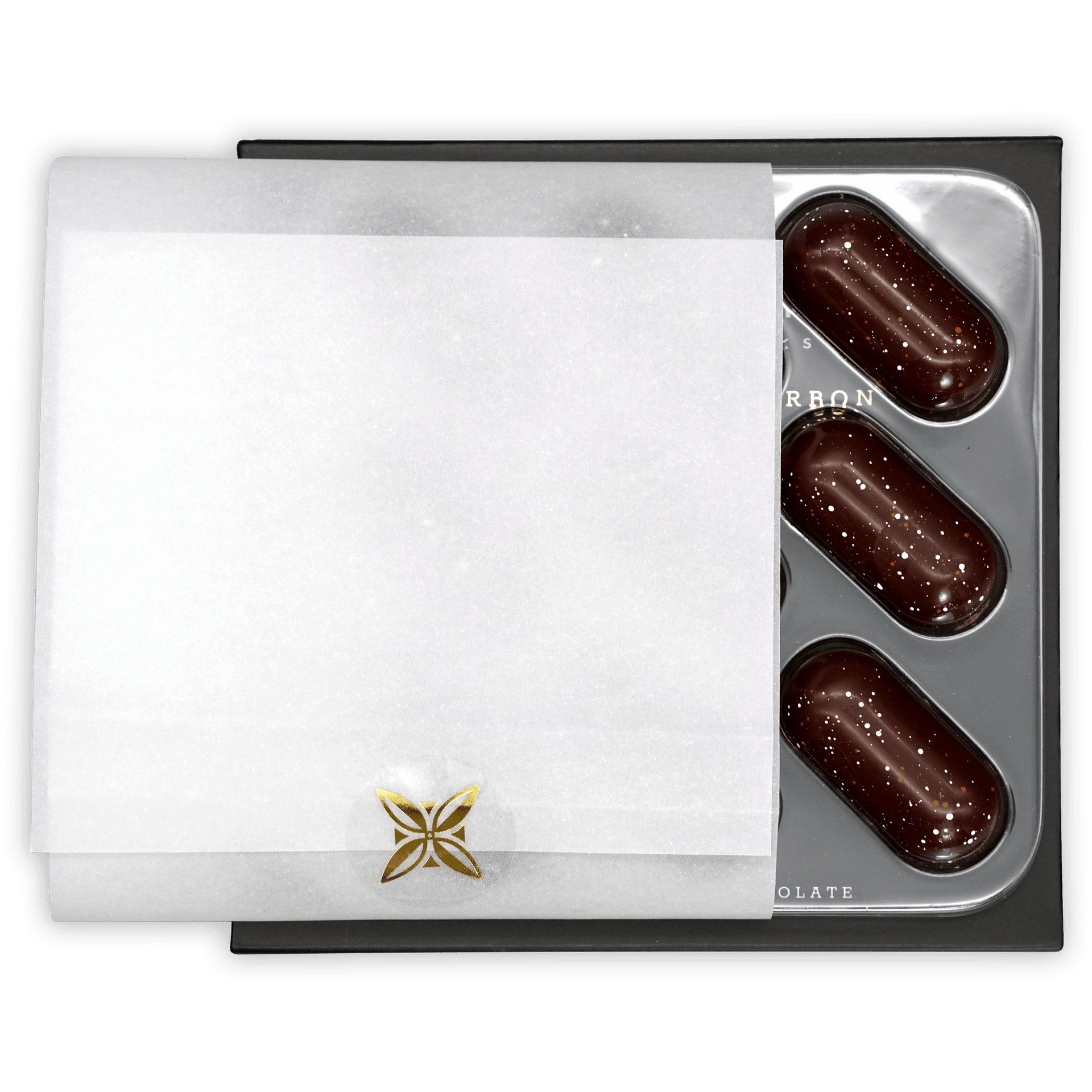 Fruition Brown Butter Bourbon Caramels 68% dark truffles on silver tray