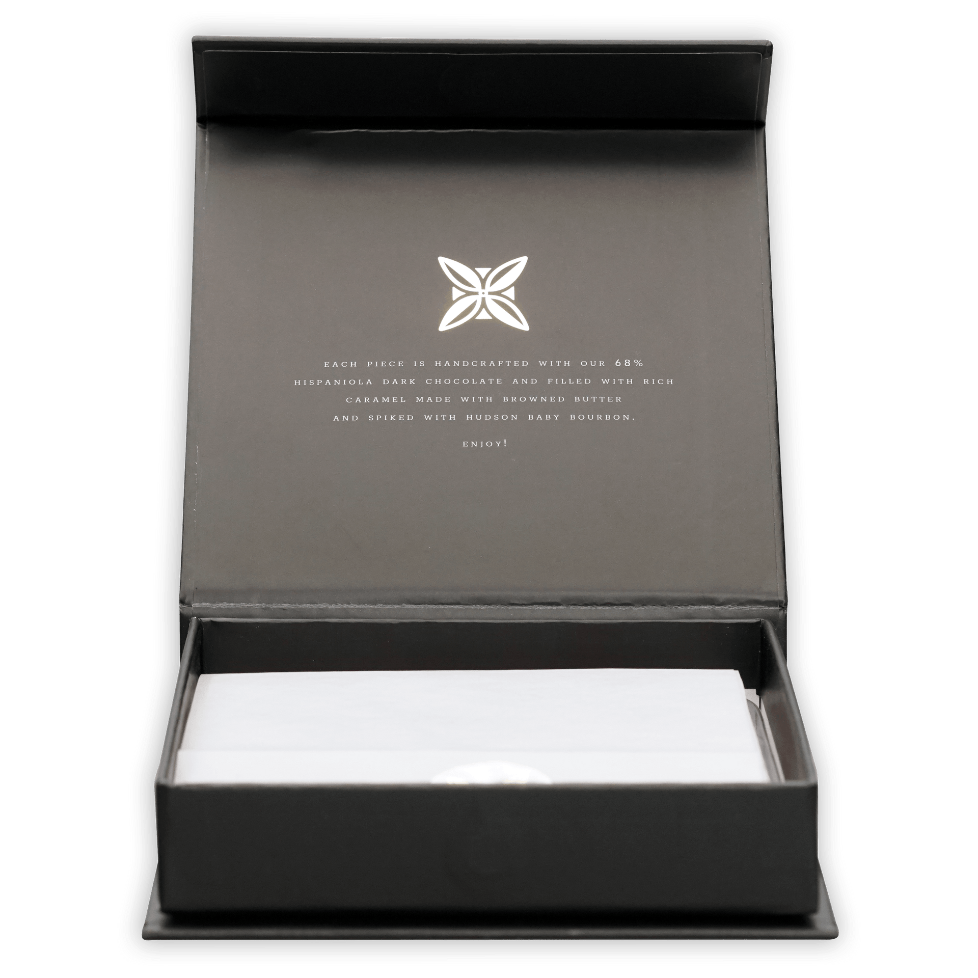 Elegant matte black Fruition Brown Butter Bourbon Caramels gift box with white chocolate bars