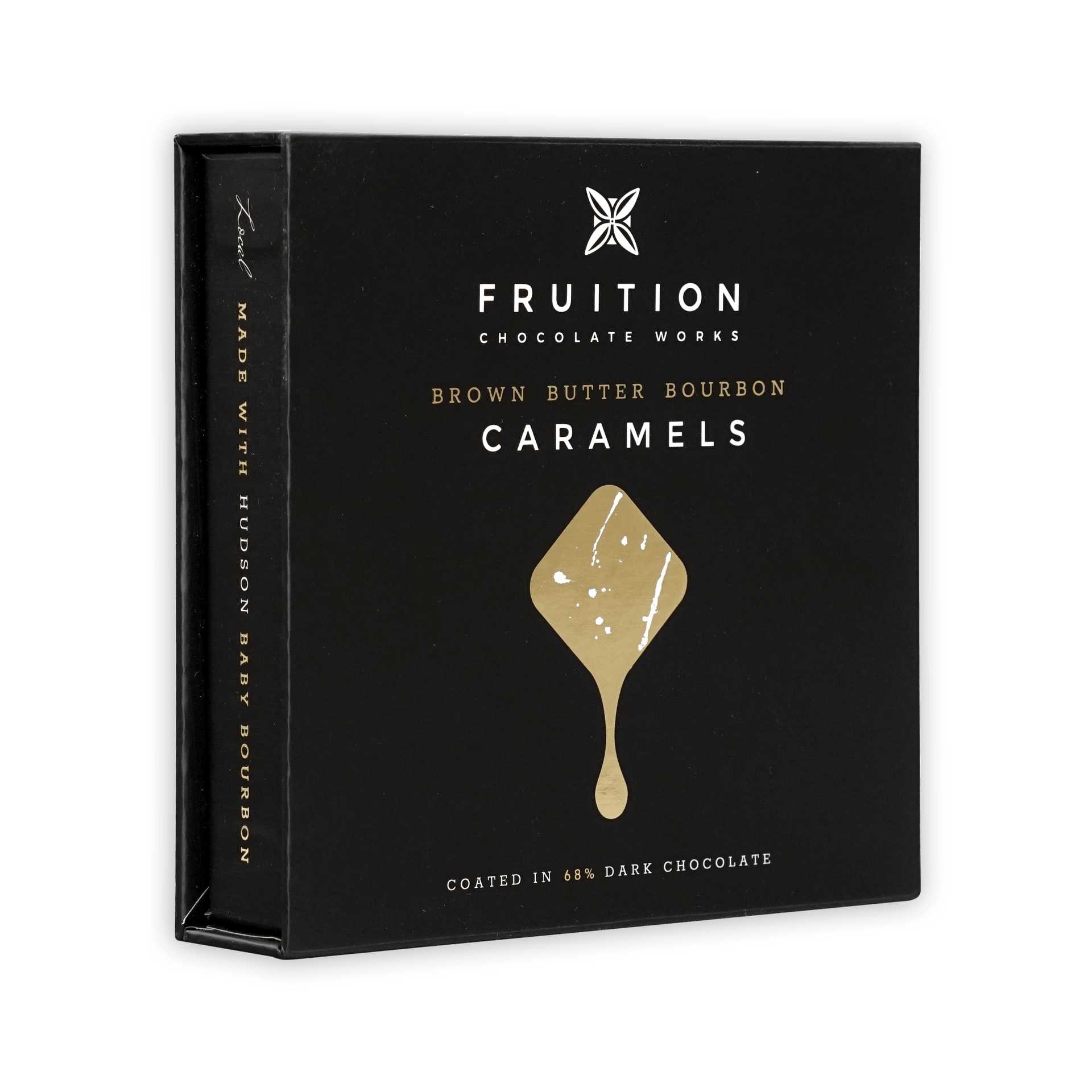 Fruition Brown Butter Bourbon Caramels 68% black box with gold text and caramel window