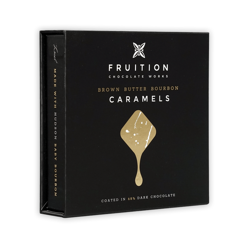 Fruition Brown Butter Bourbon Caramels 68% black box with gold text and caramel window