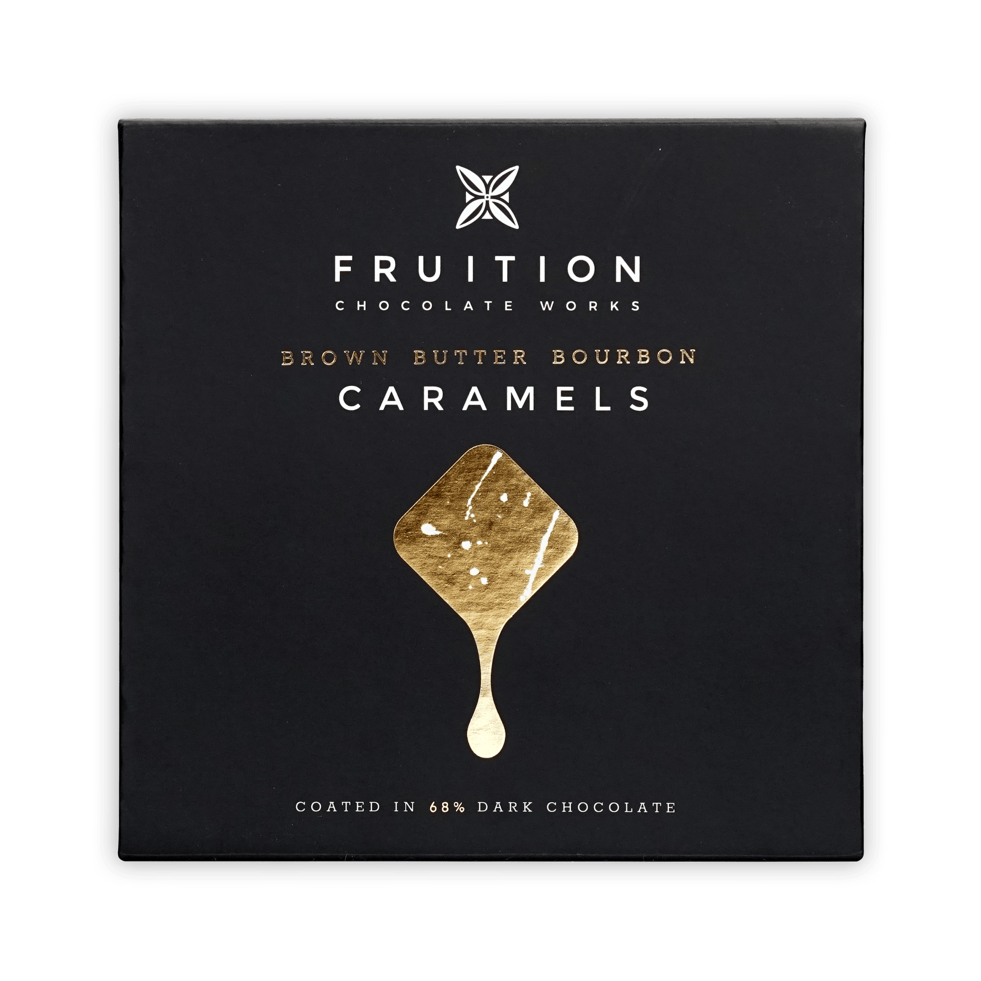 Fruition Brown Butter Bourbon Caramels 68% black box with gold caramel drop