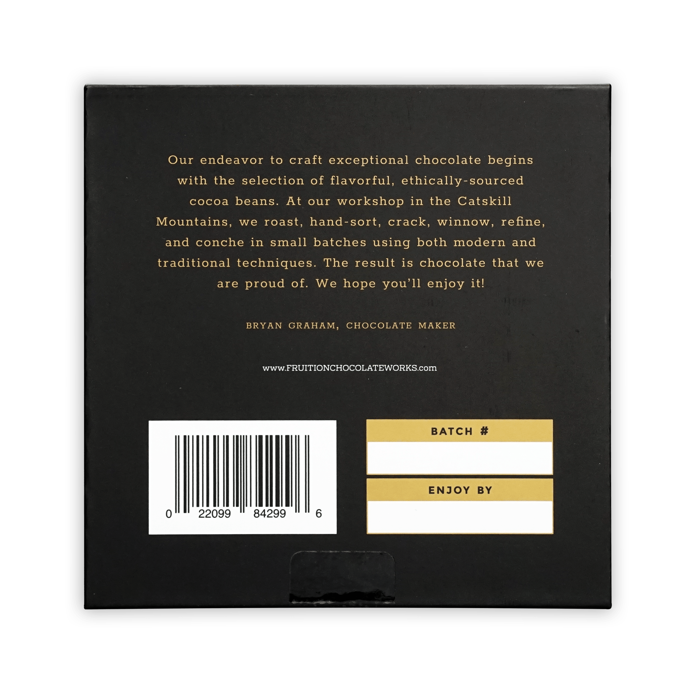 Back of Fruition Brown Butter Bourbon Caramels 68% box with gold text, barcode
