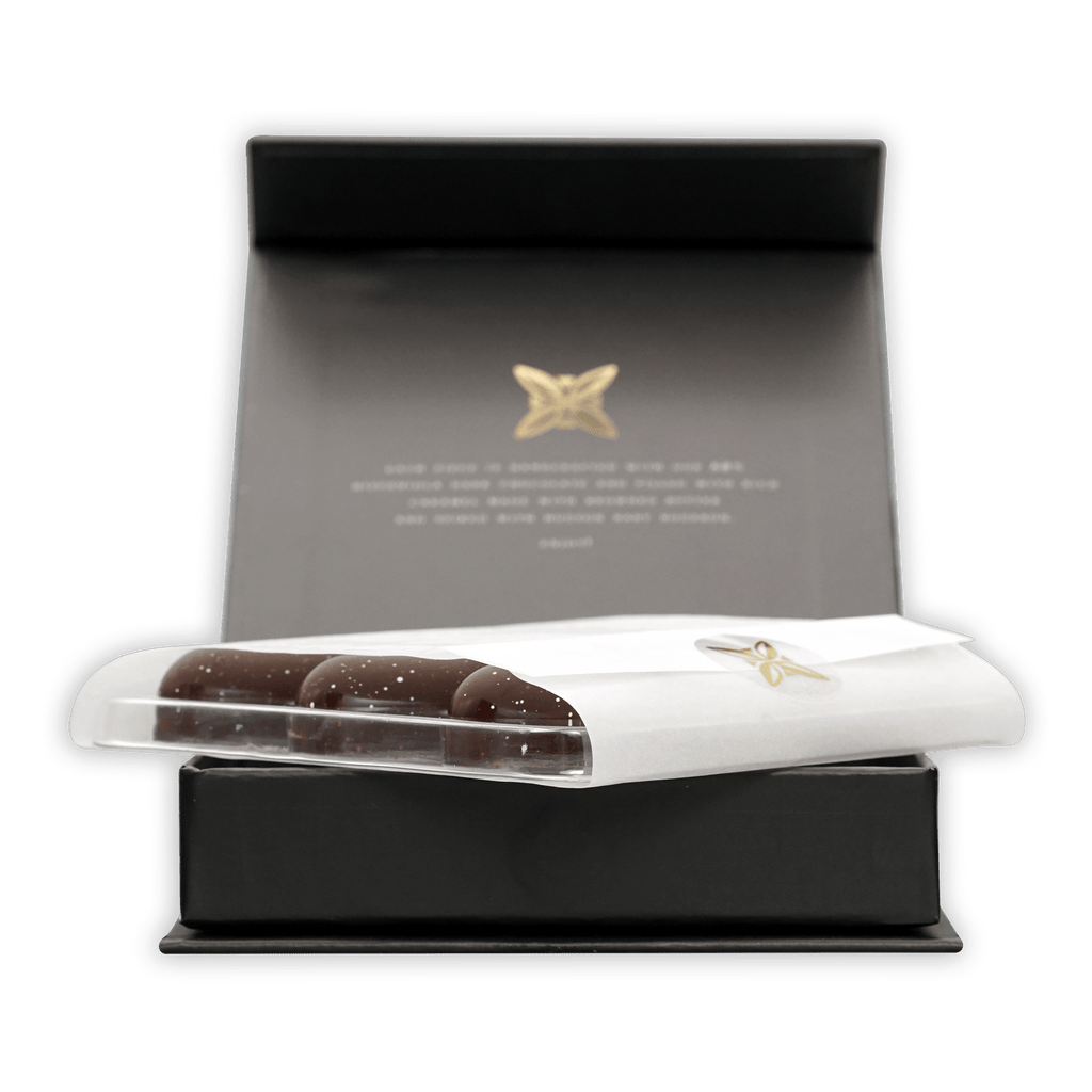 Fruition Brown Butter Bourbon Caramels 68% in elegant black box with gold butterfly