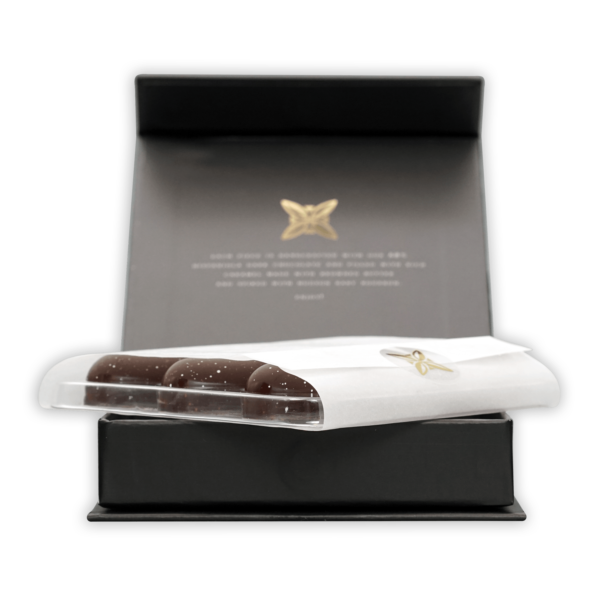 Fruition Brown Butter Bourbon Caramels 68% in elegant black box with gold butterfly
