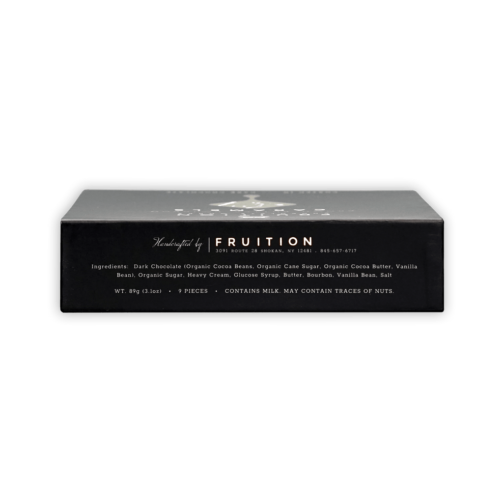 Fruition Brown Butter Bourbon Caramels 68% black box with silver lettering