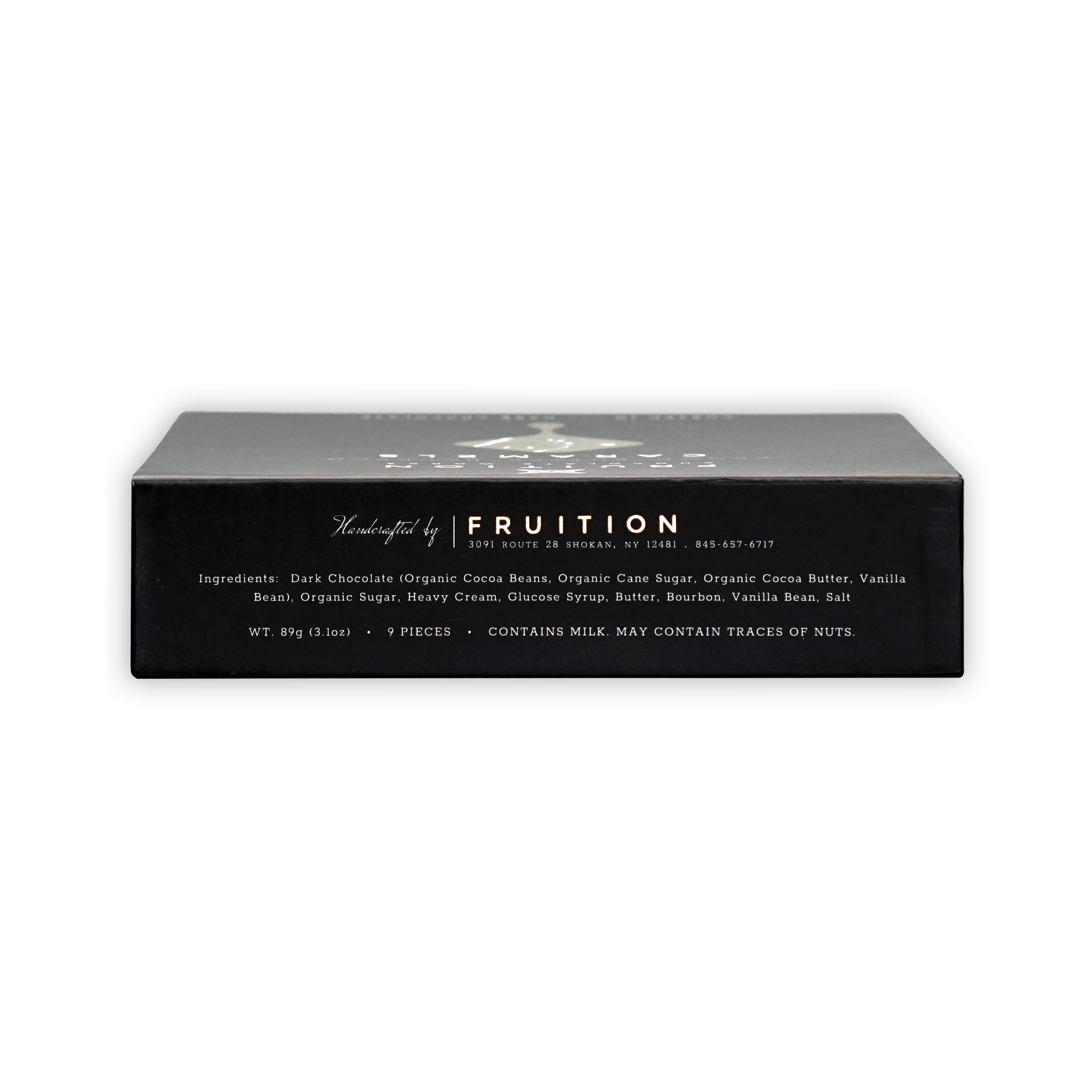 Fruition Brown Butter Bourbon Caramels 68% black box with silver lettering
