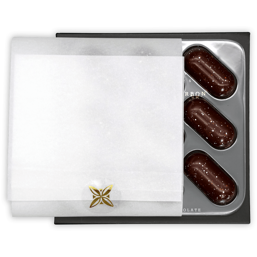 Fruition Brown Butter Bourbon Caramels 68% dark truffles on silver tray