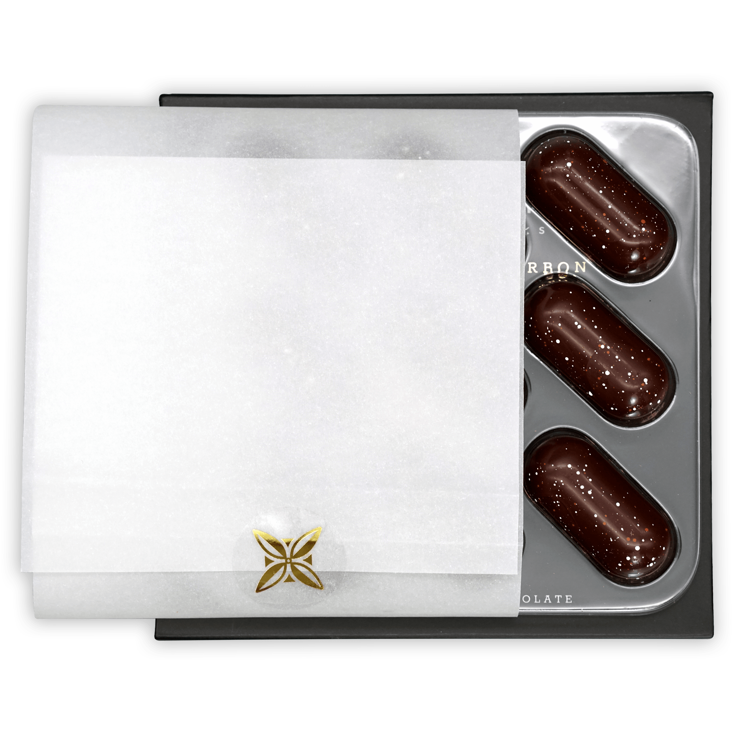 Fruition Brown Butter Bourbon Caramels 68% dark truffles on silver tray
