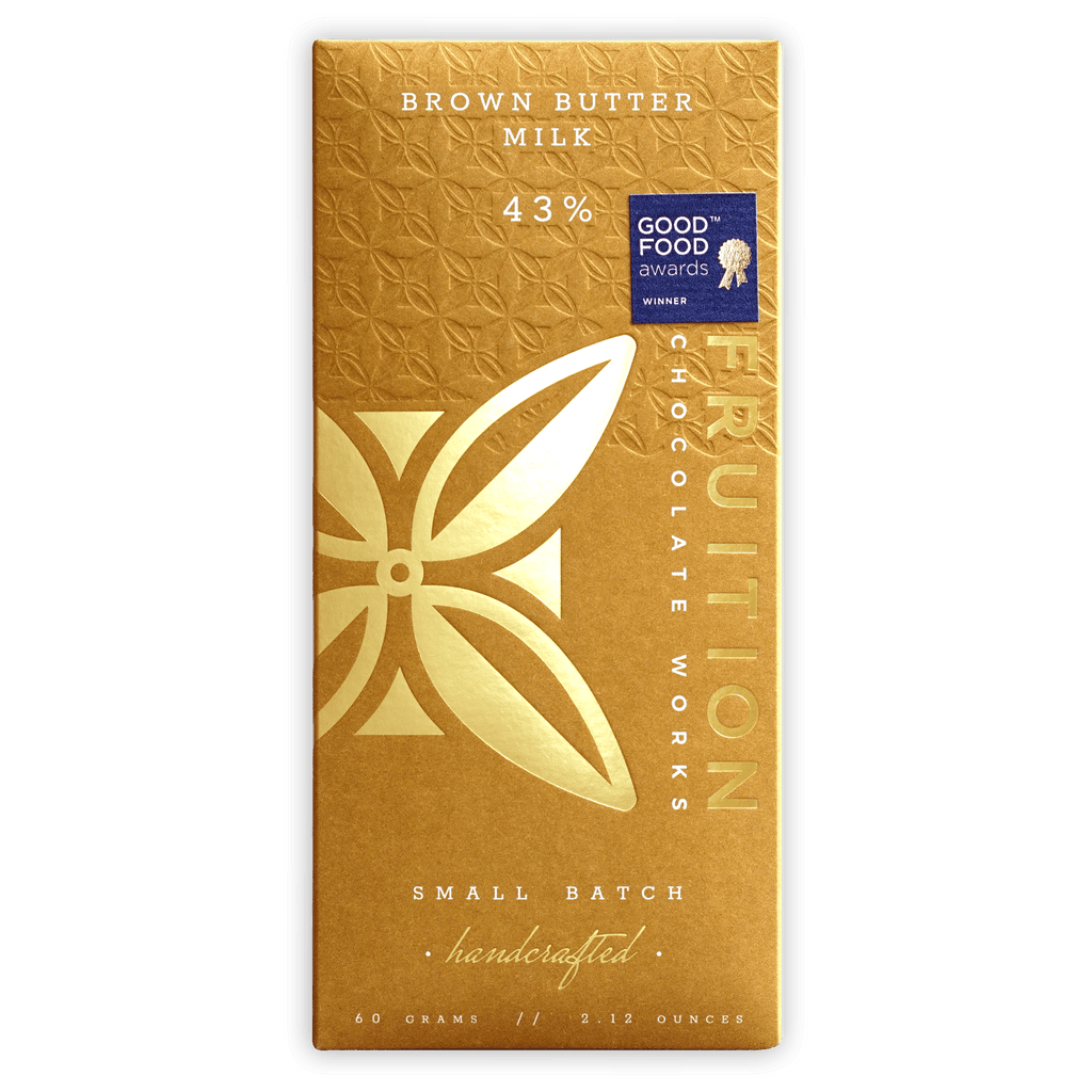 Fruition Brown Butter Milk Chocolate 43% gold foil bar with leaf design
