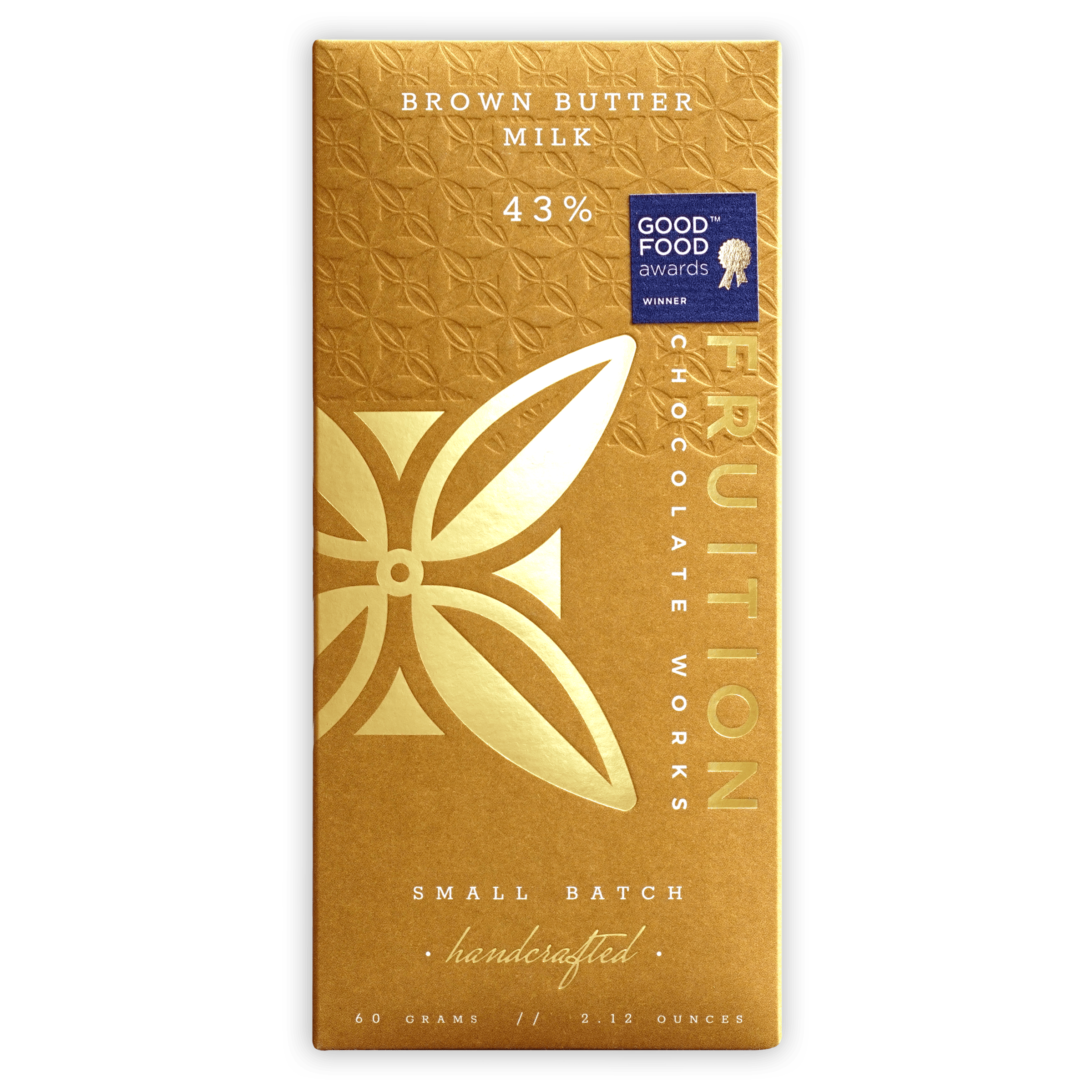 Fruition Brown Butter Milk Chocolate 43% gold foil bar with leaf design