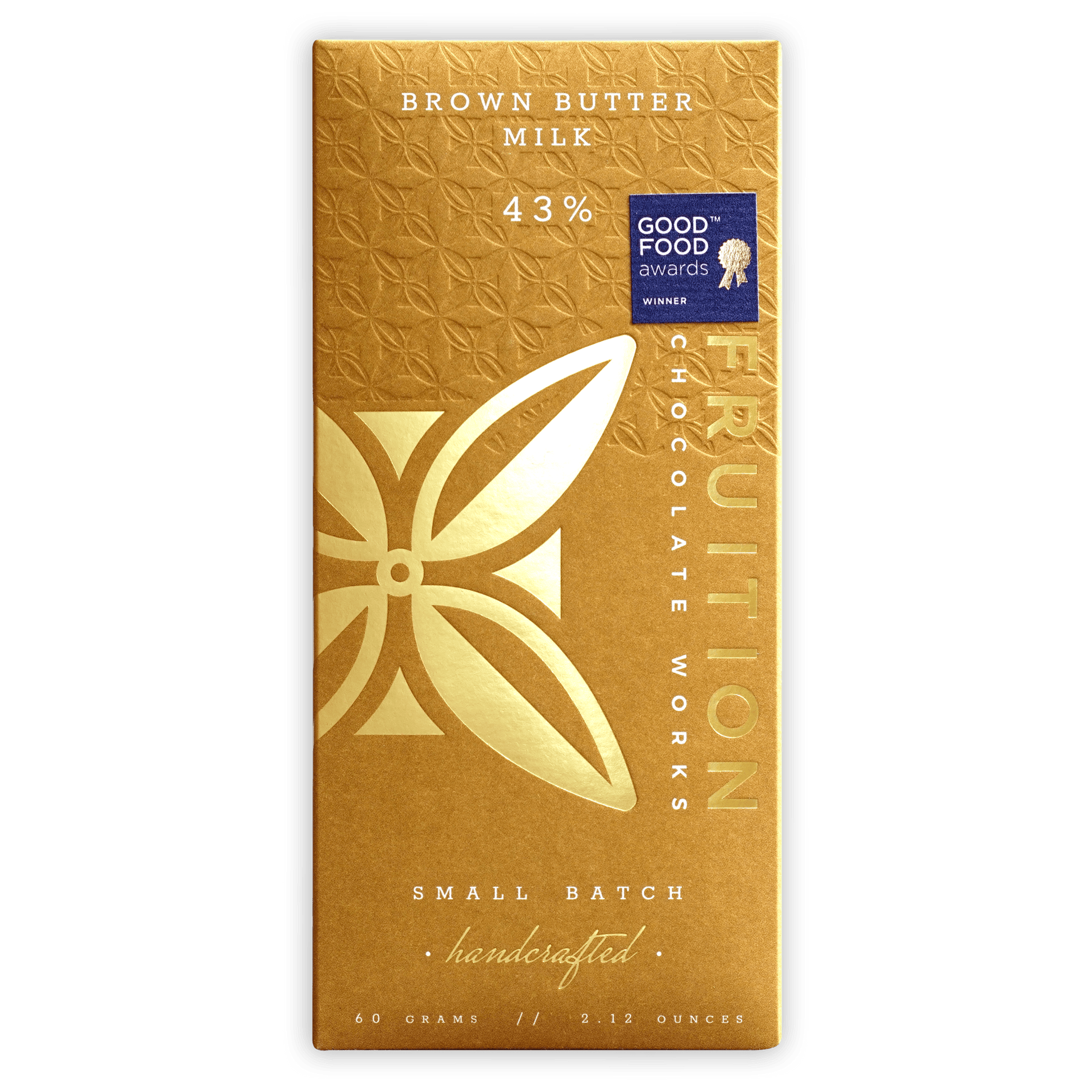 Fruition Brown Butter Milk Chocolate 43% gold foil bar with leaf design