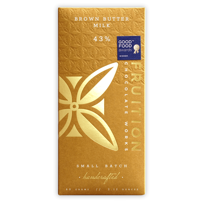 Fruition Brown Butter Milk Chocolate 43% gold foil bar with leaf design