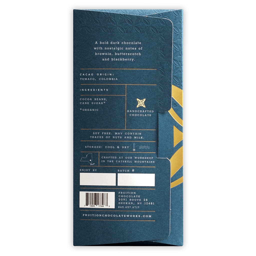 Fruition Colombia Tumaco Dark 85% deep teal gold foil bar with leaf emboss