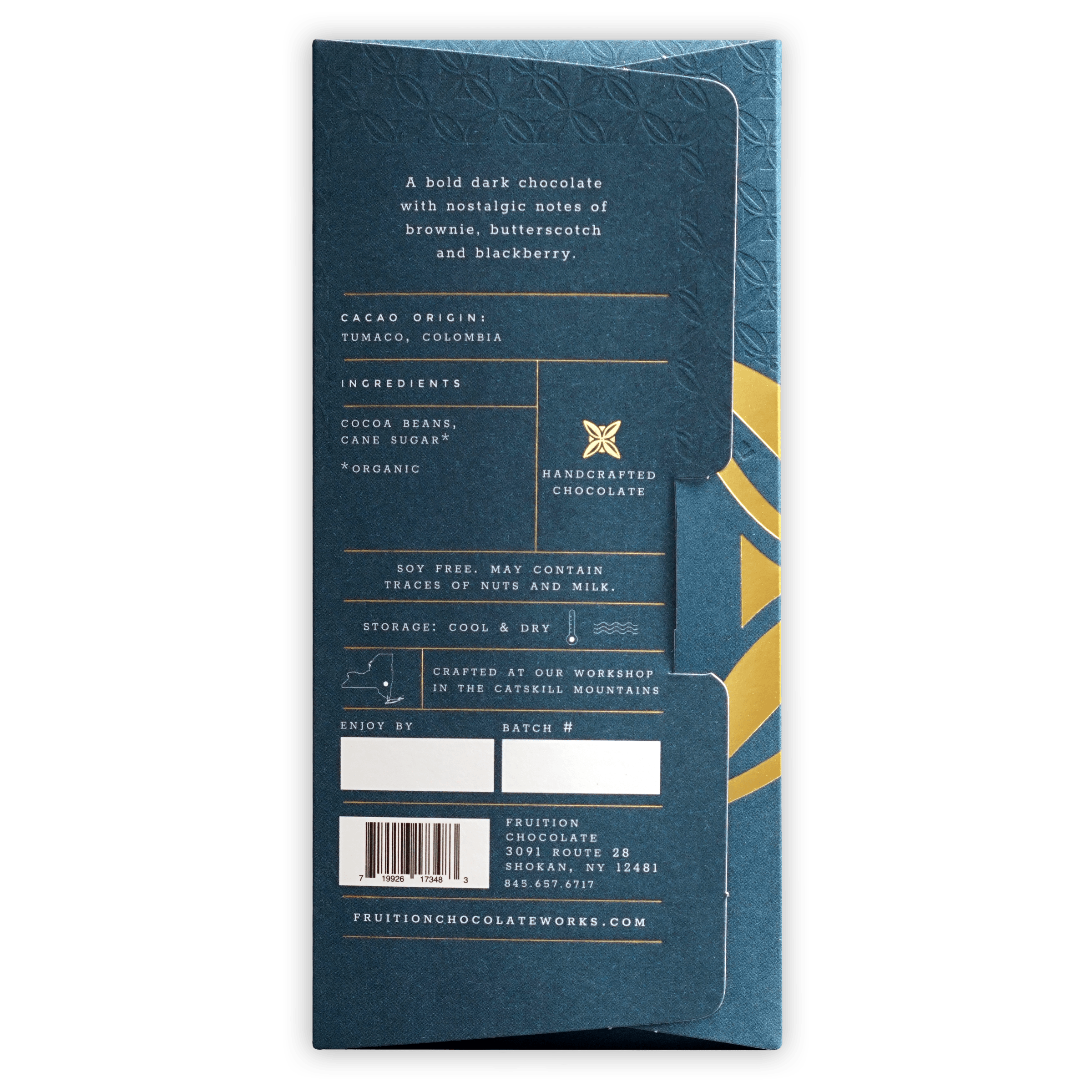 Fruition Colombia Tumaco Dark 85% deep teal gold foil bar with leaf emboss