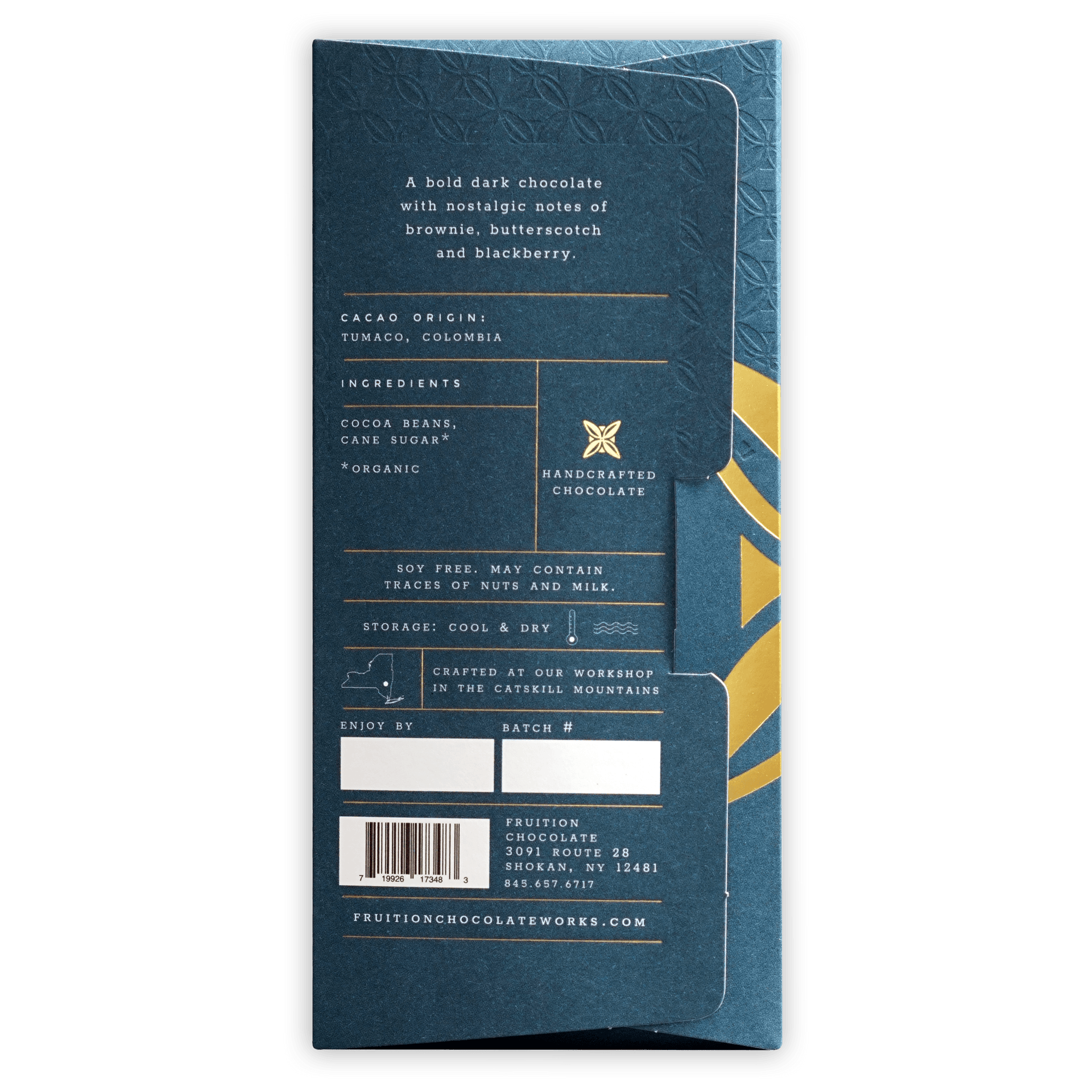 Fruition Colombia Tumaco Dark 85% deep teal gold foil bar with leaf emboss