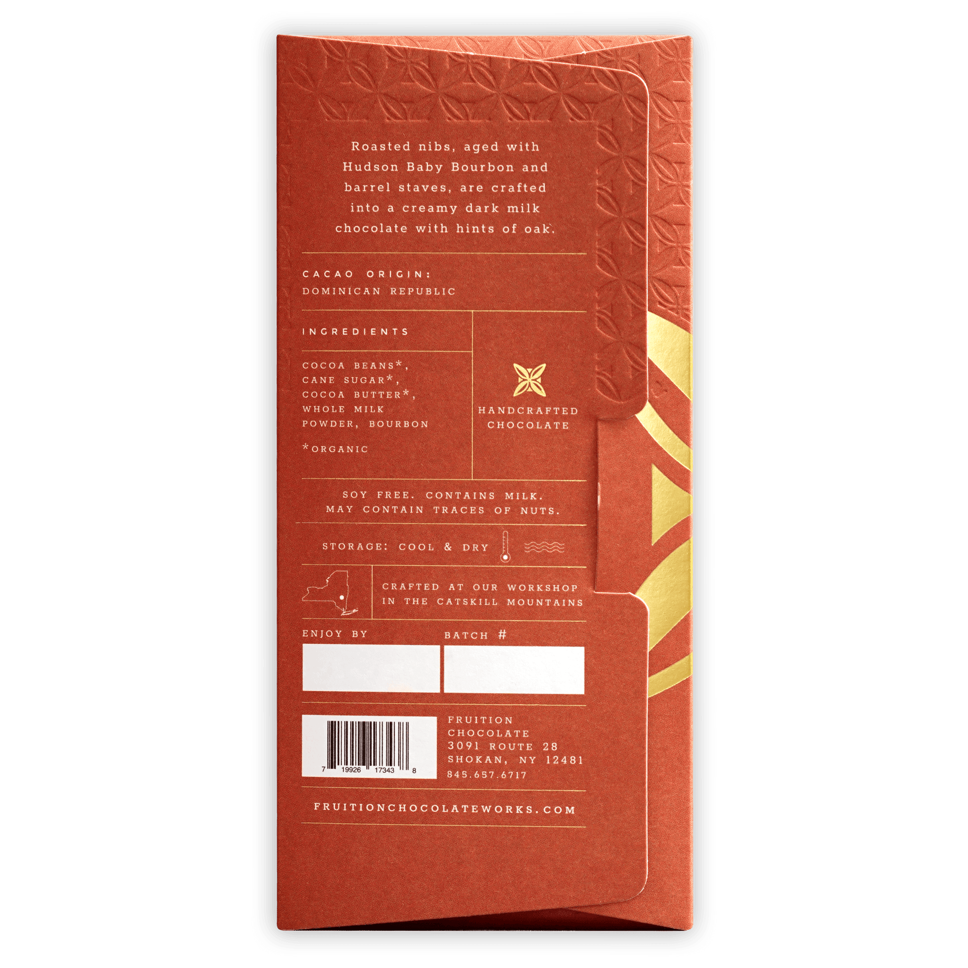 Fruition Hudson Bourbon Dark Milk 61% reddish-orange wrapper with gold accents