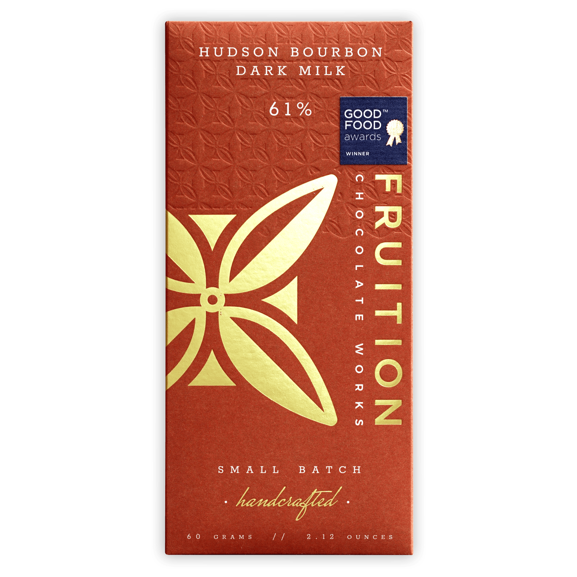 Fruition Hudson Bourbon Dark Milk 61% red wrapper with gold leaf