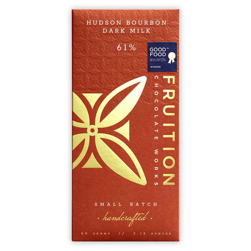 Fruition Hudson Bourbon Dark Milk 61% red wrapper with gold leaf