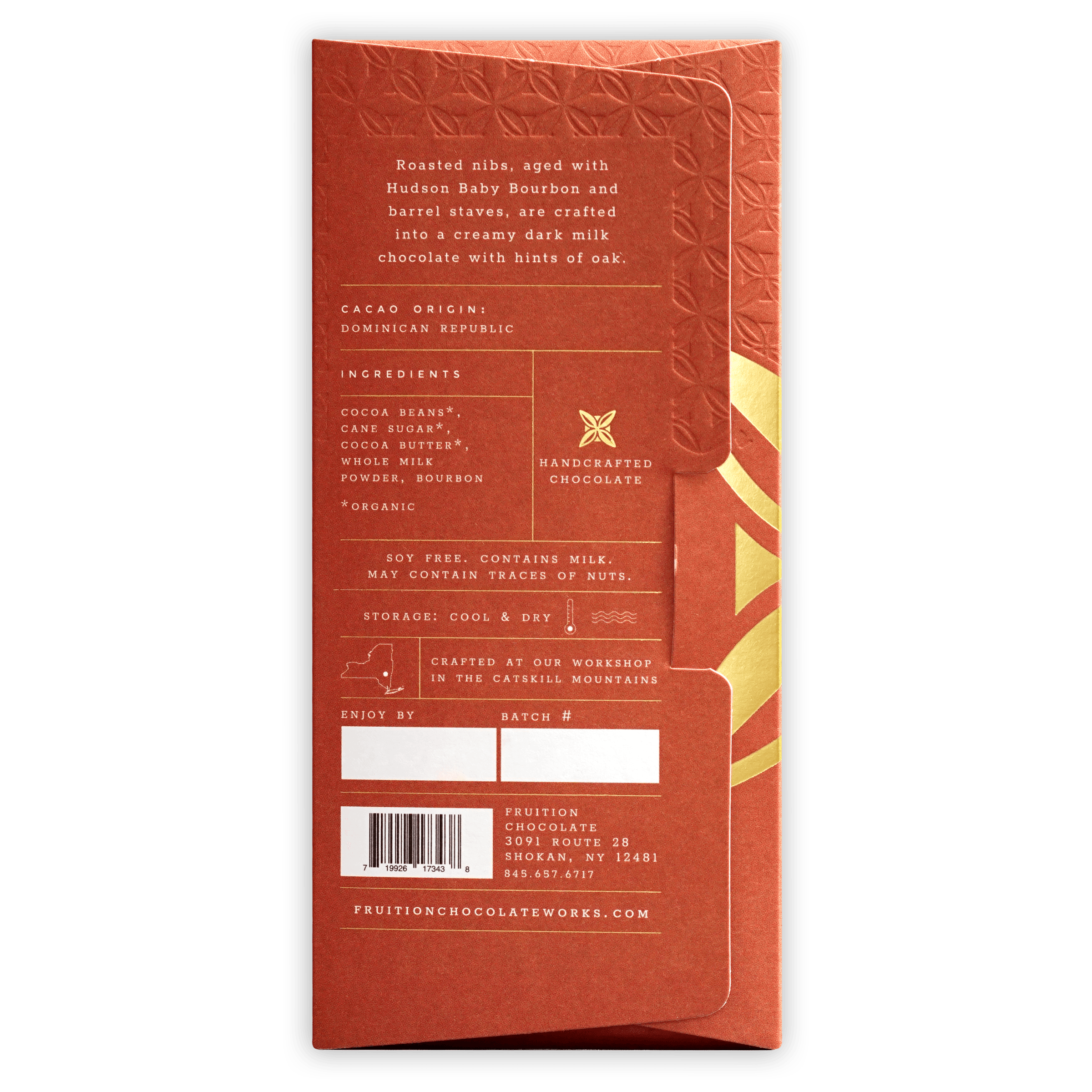 Fruition Hudson Bourbon Dark Milk 61% reddish-orange wrapper with gold accents