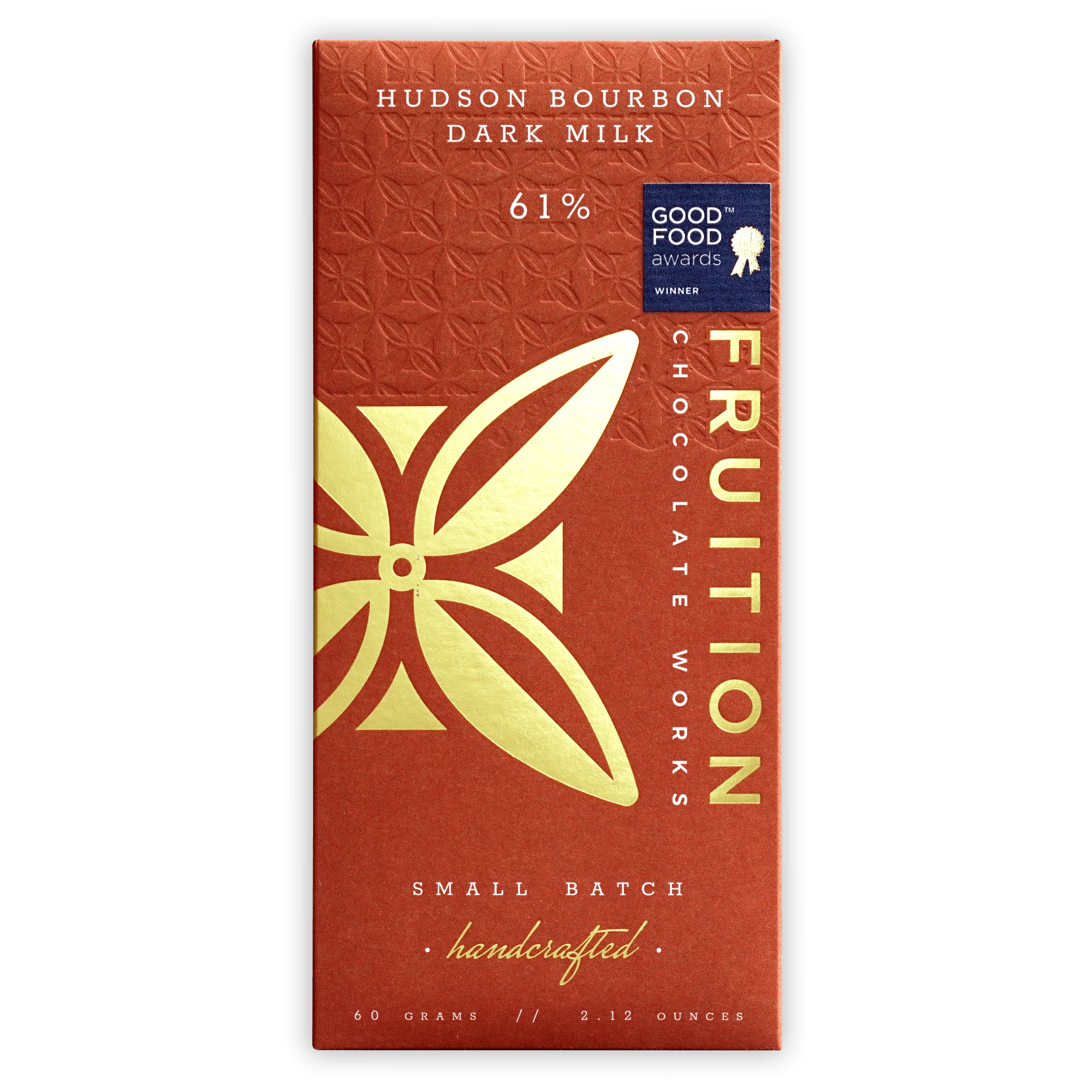 Fruition Hudson Bourbon Dark Milk 61% red wrapper with gold leaf
