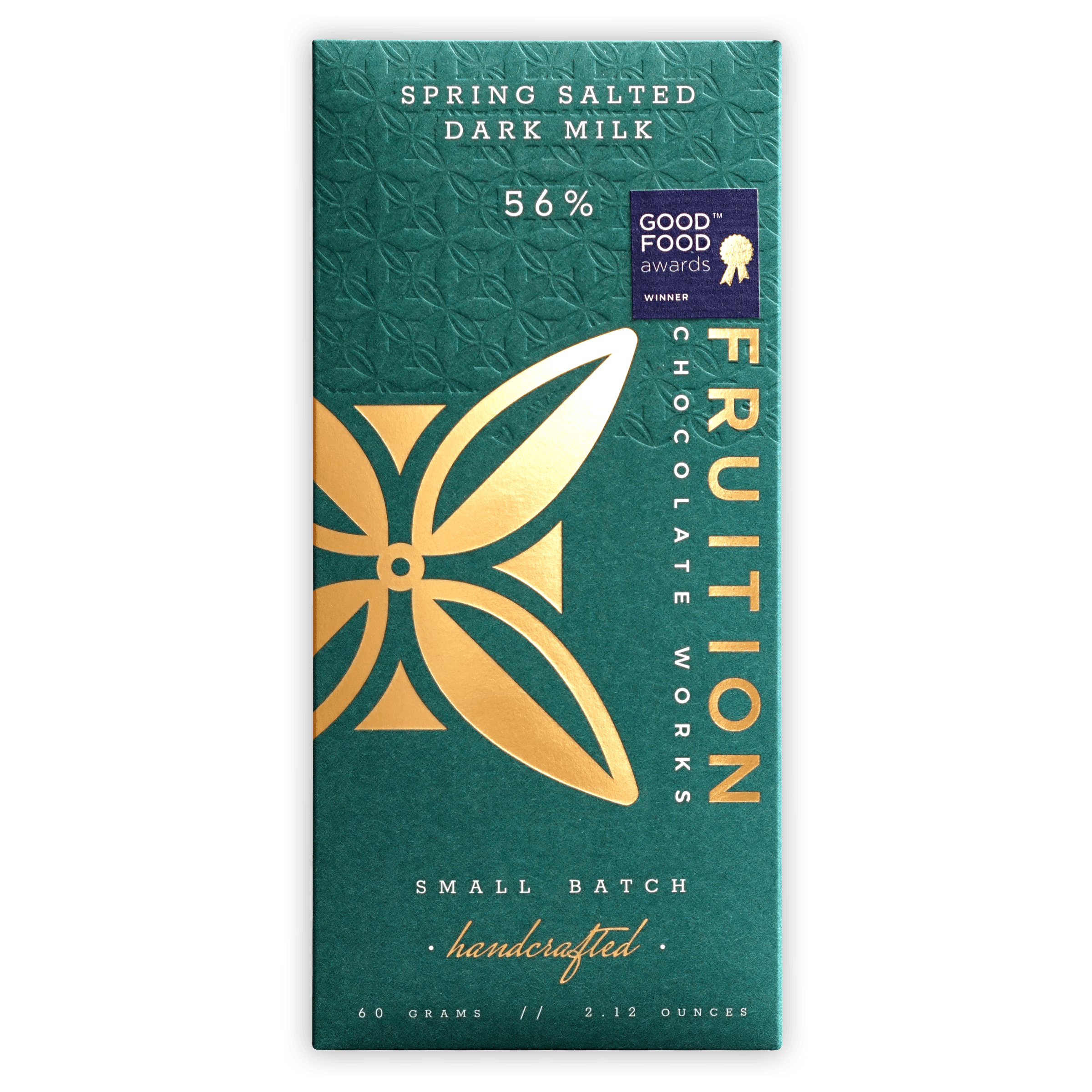 Fruition Spring Salted Dark Milk 56% emerald green bar wrapper with gold leaf