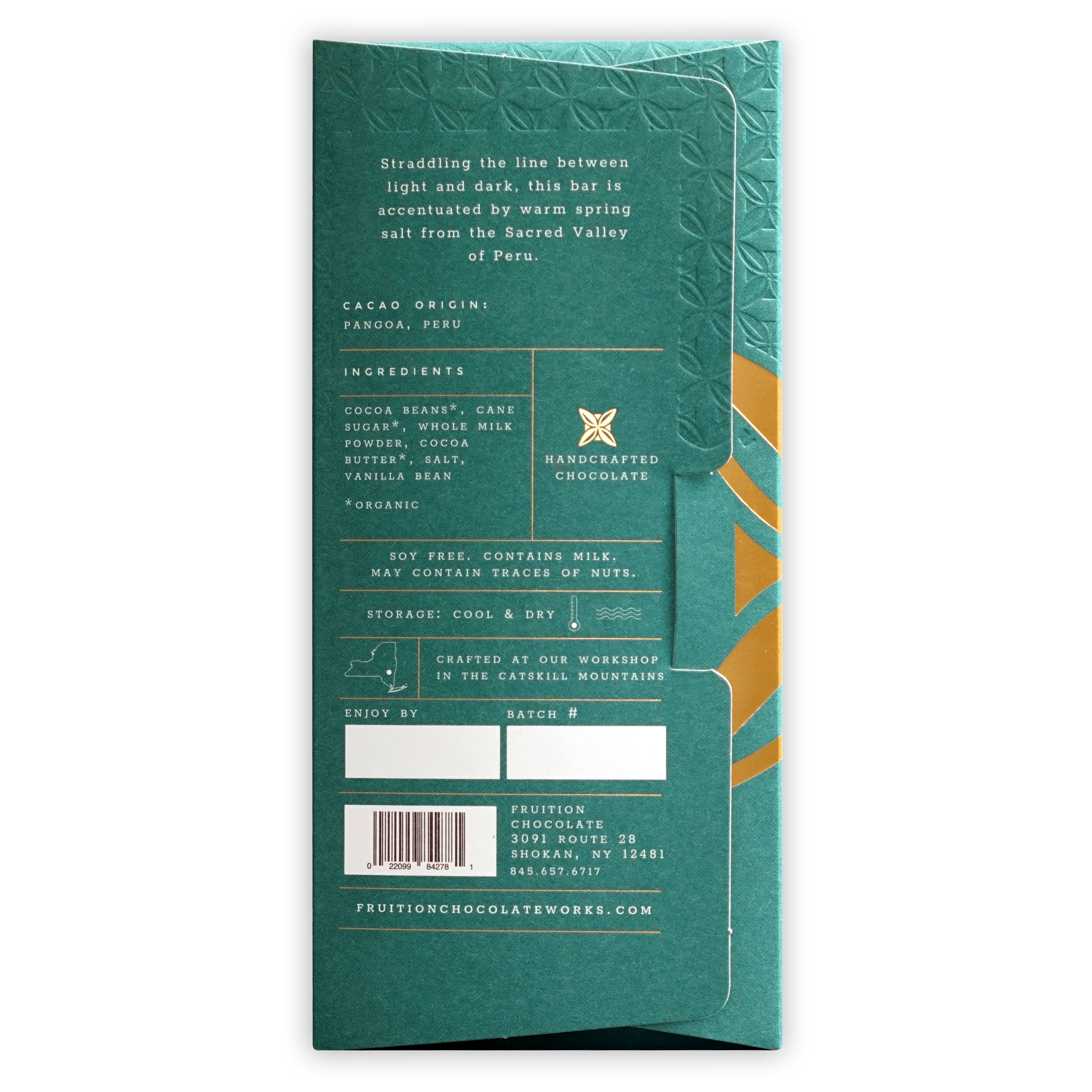 Fruition Spring Salted Dark Milk 56% teal gold foil chocolate bar