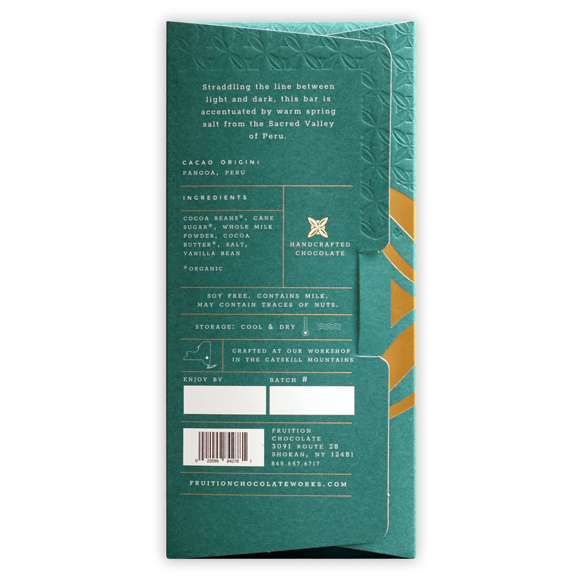 Fruition Spring Salted Dark Milk 56% teal gold foil chocolate bar