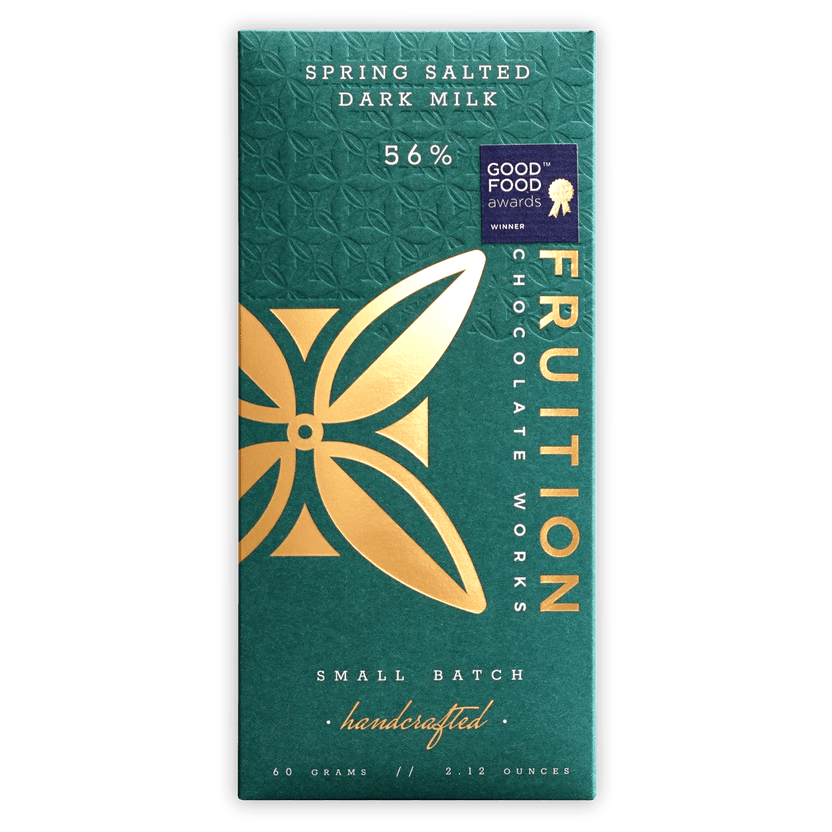 Fruition Spring Salted Dark Milk 56% emerald green bar wrapper with gold leaf