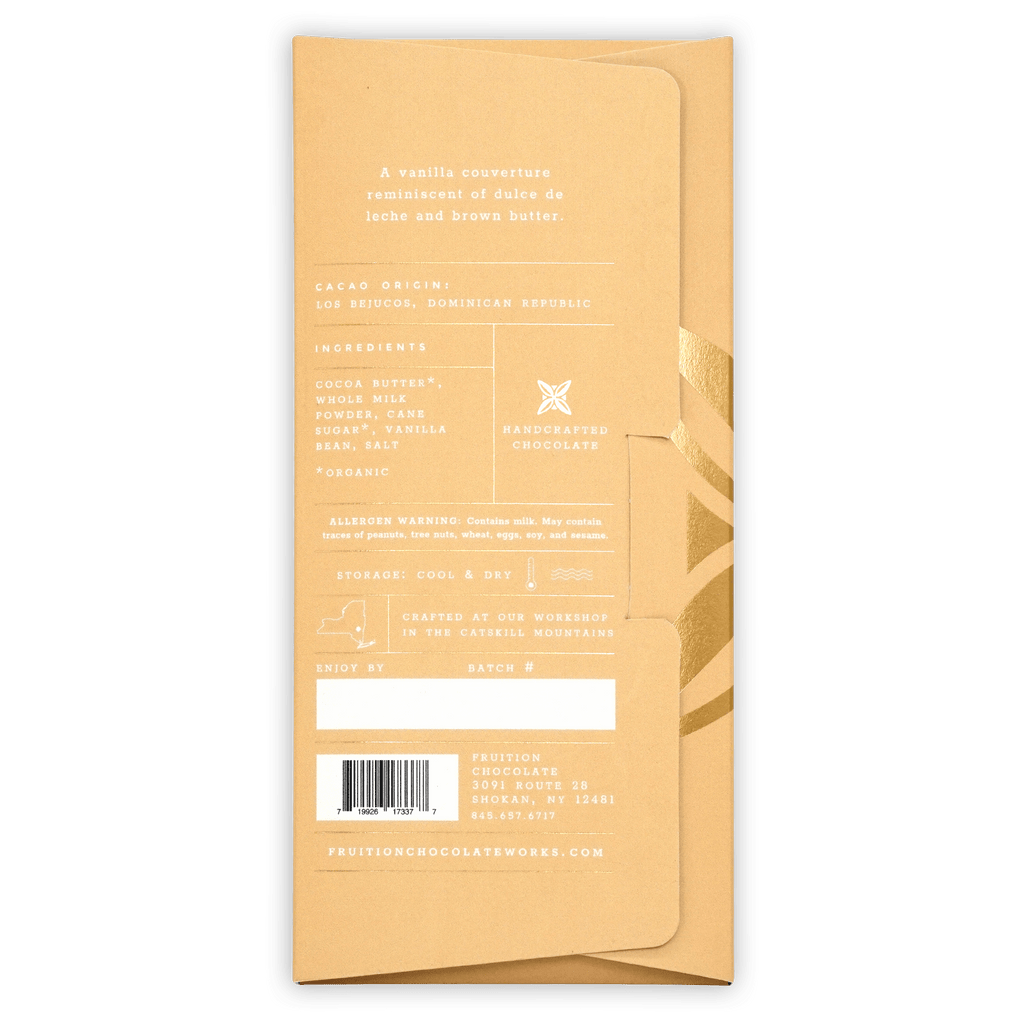 Fruition Vanilla Bean Toasted White 38% matte gold foil chocolate bar