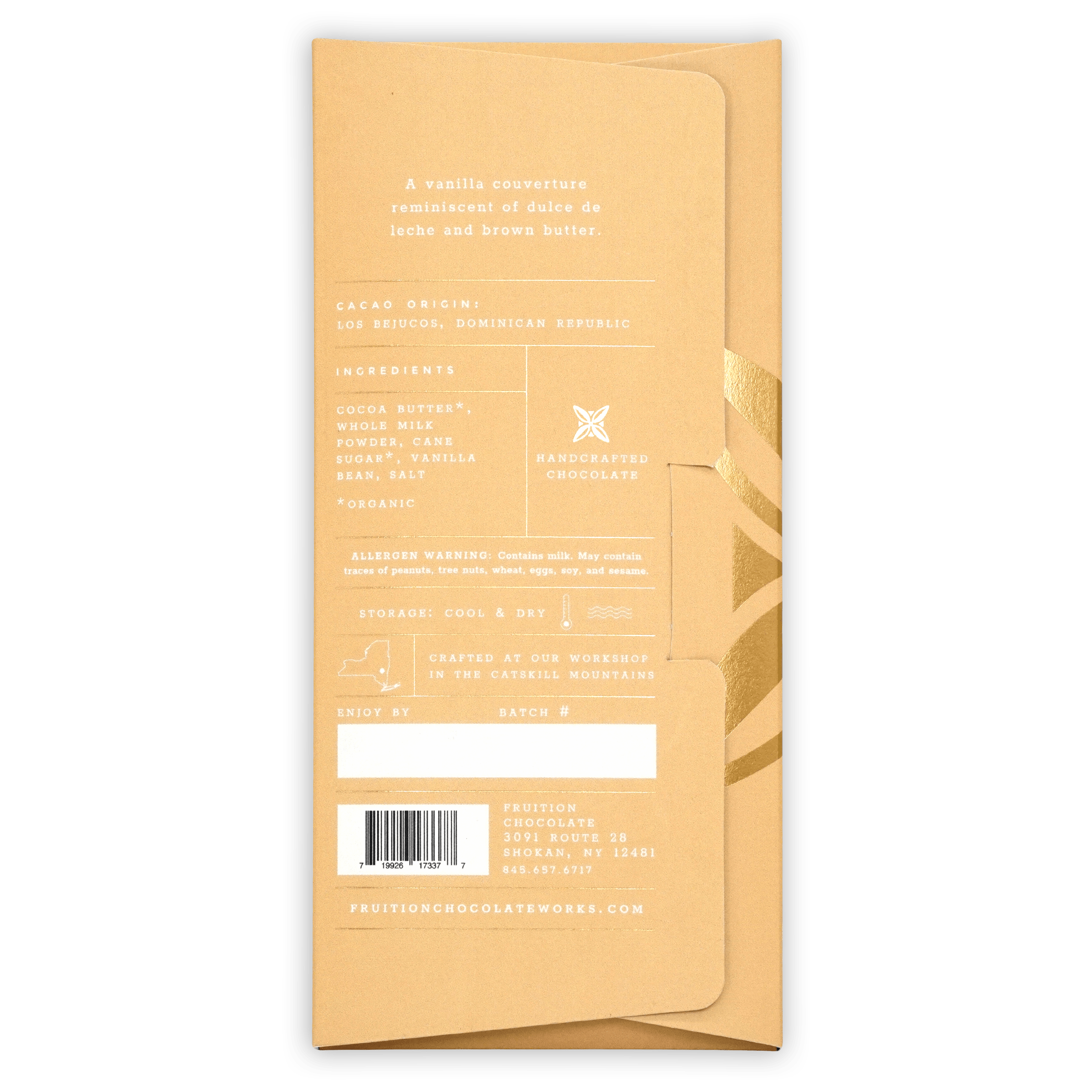 Fruition Vanilla Bean Toasted White 38% matte gold foil chocolate bar