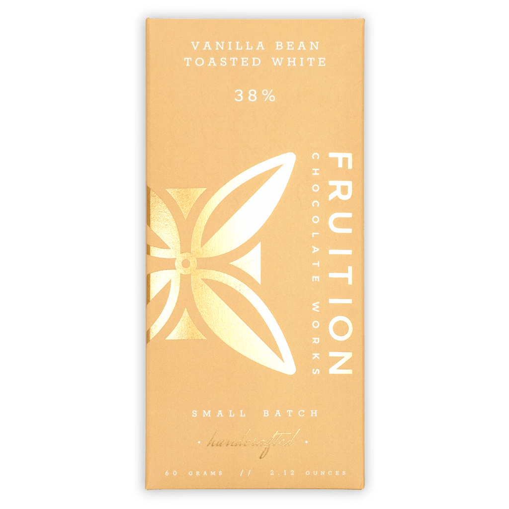 Fruition Vanilla Bean Toasted White 38% peach wrapper with gold leaf